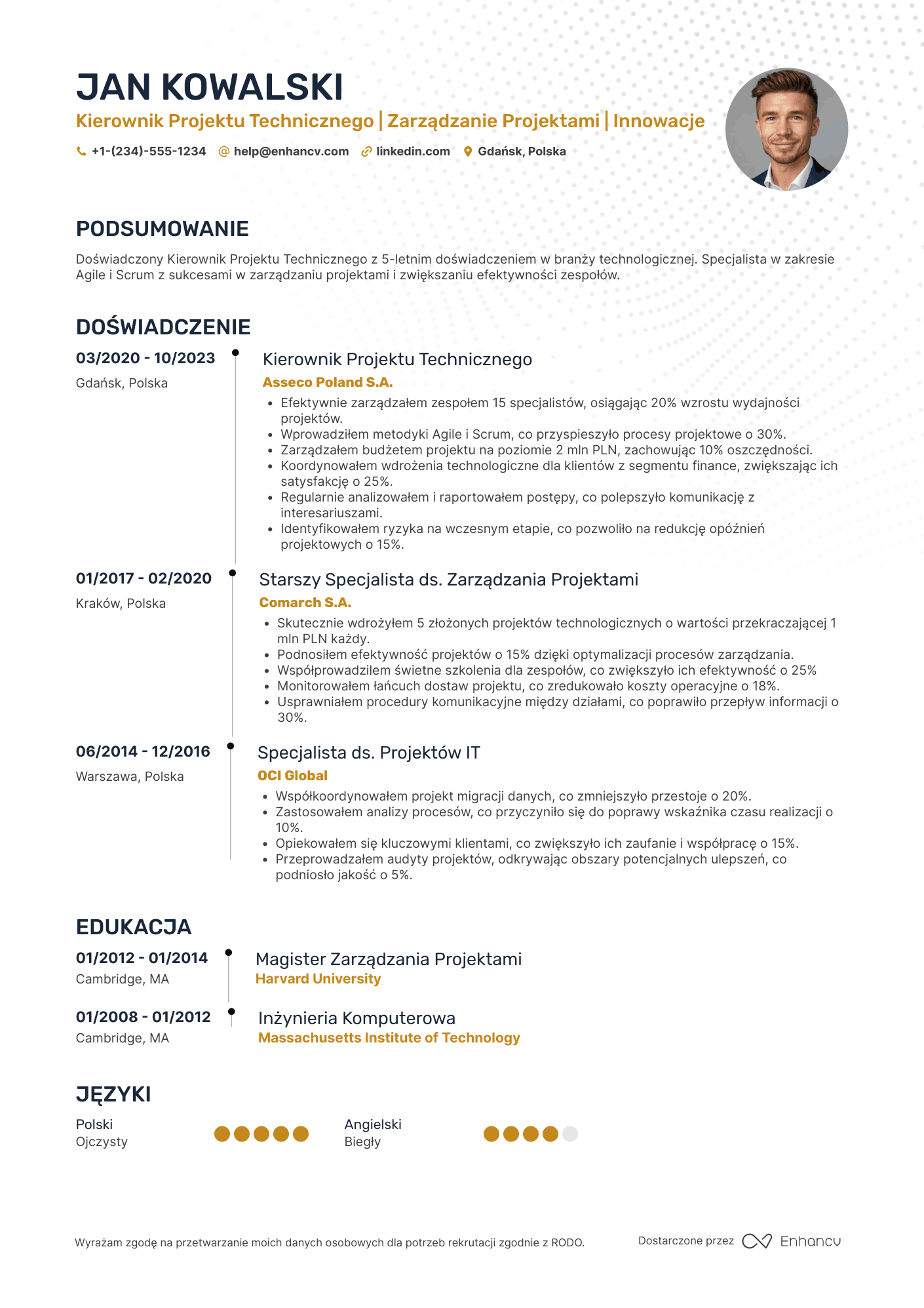 CV dla Kierownik Projektu Technicznego