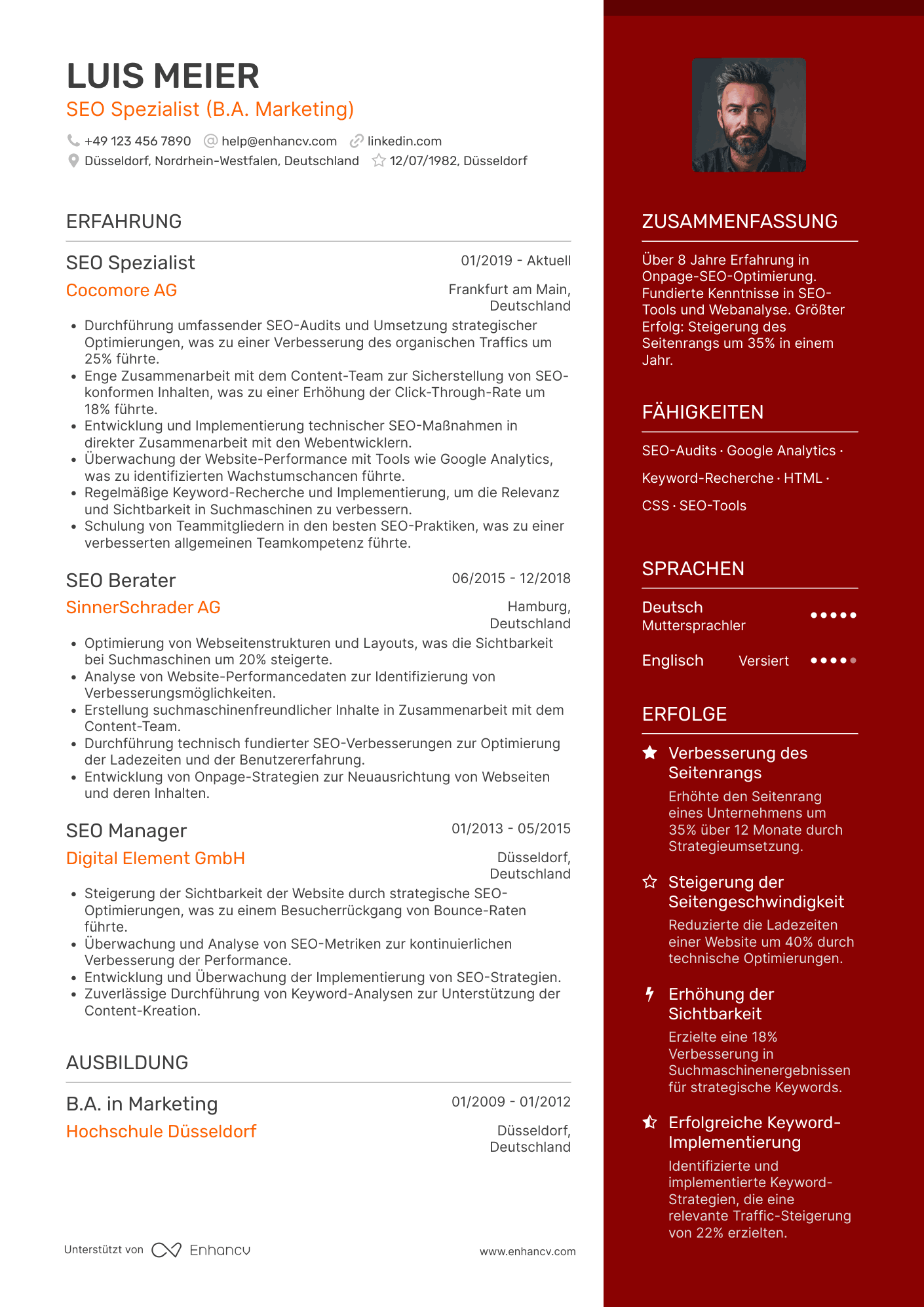 Lebenslauf als SEO Spezialist für Onpage Optimierung