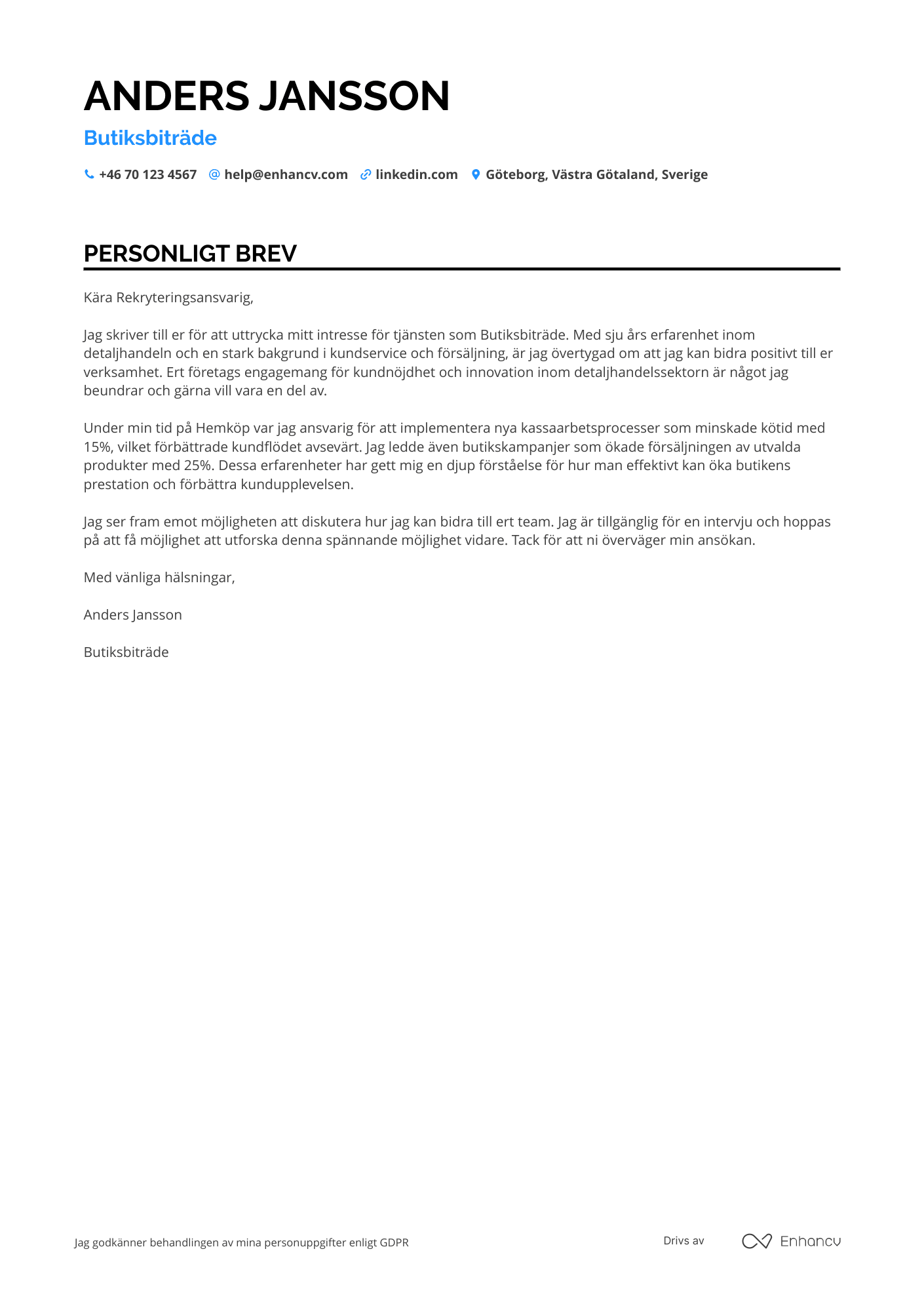 Butiksbiträde CV