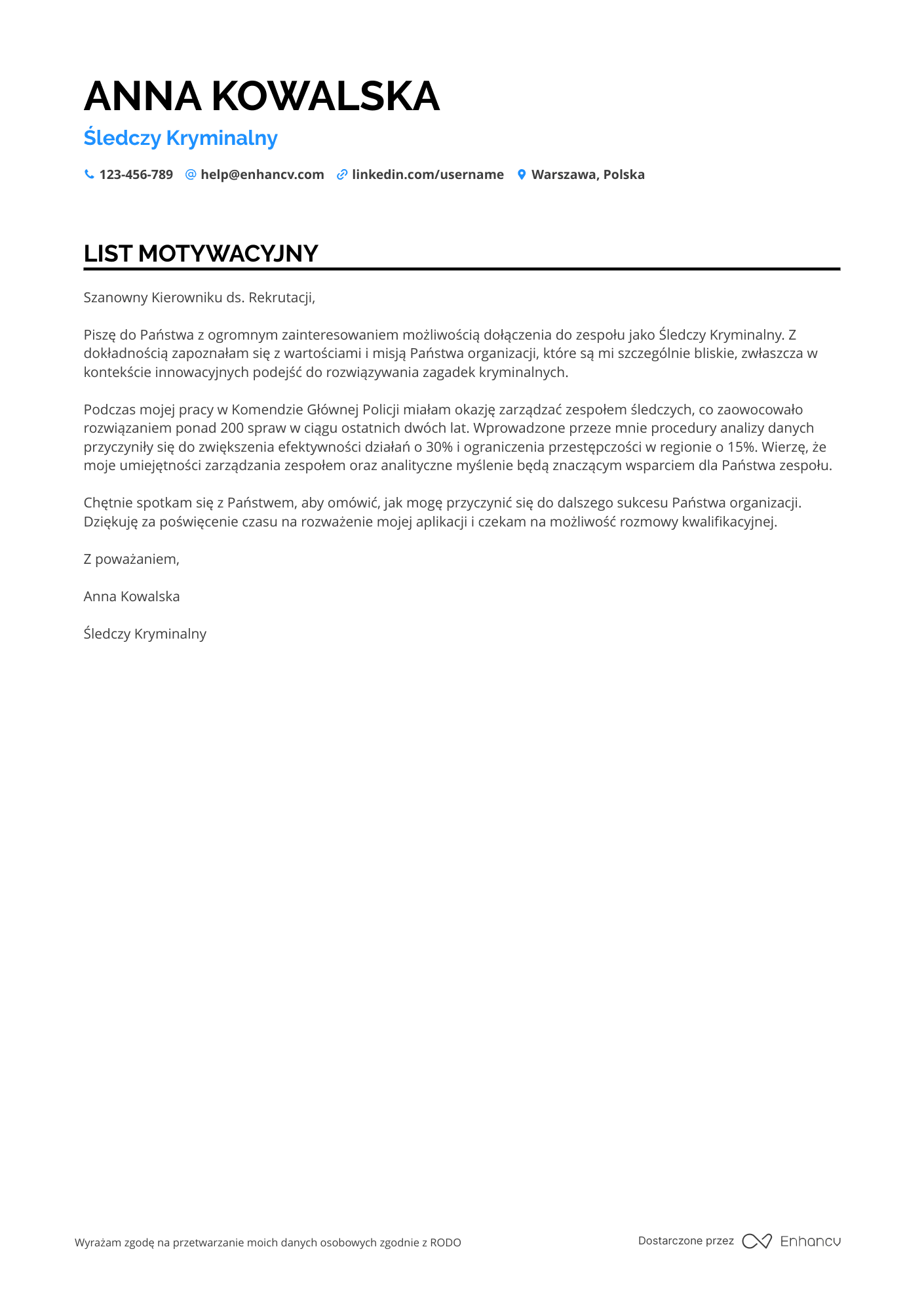 List motywacyjny dla Policjant Kryminalny