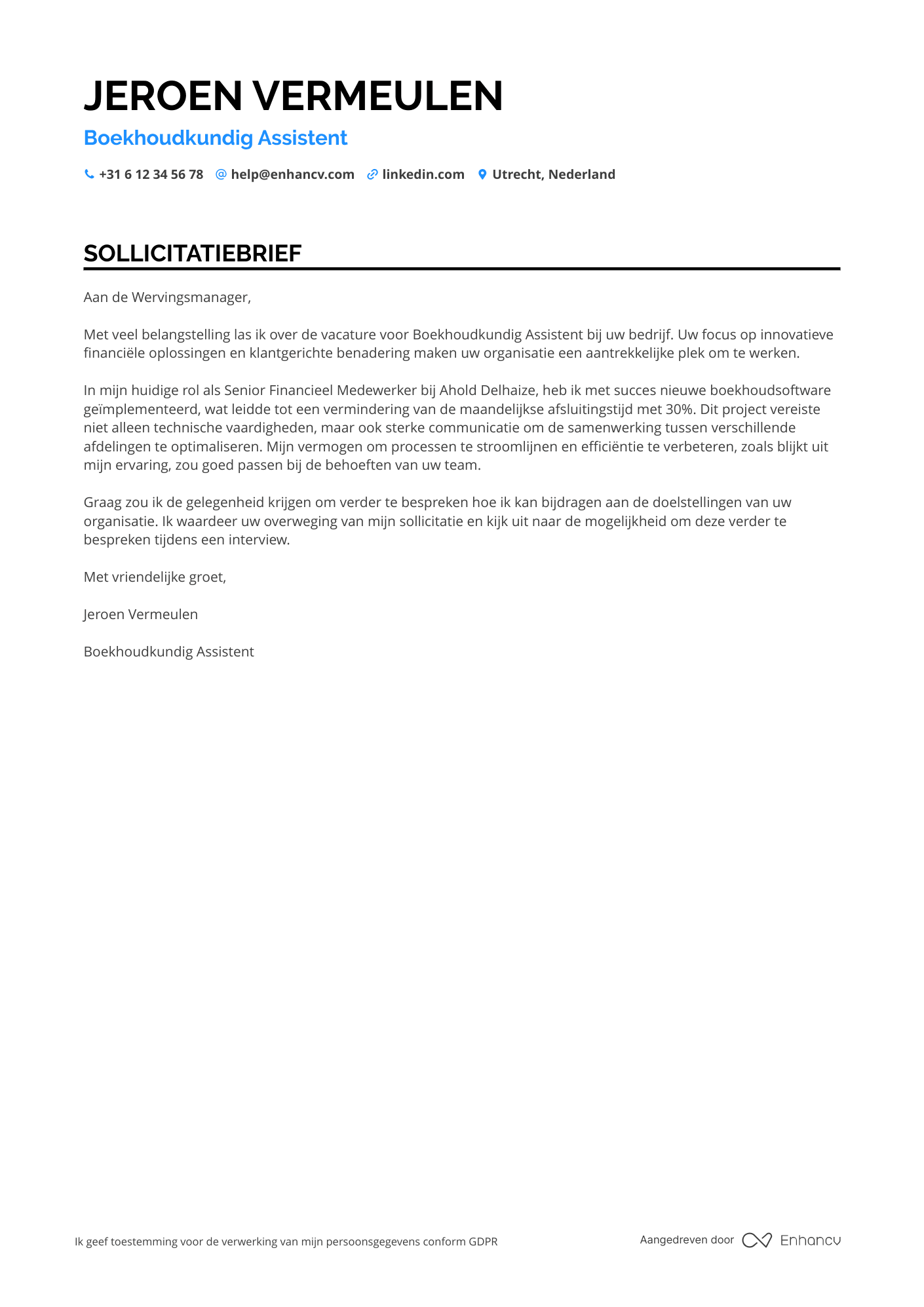 Sollicitatiebrief voor Boekhoudkundig Assistent in de Detailhandel
