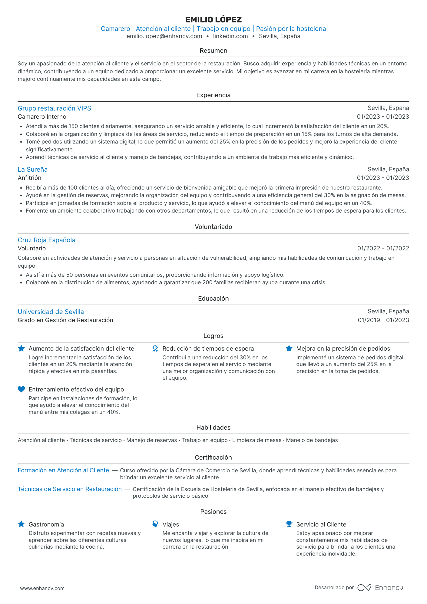 Camarero sin Experiencia Ejemplos de CV