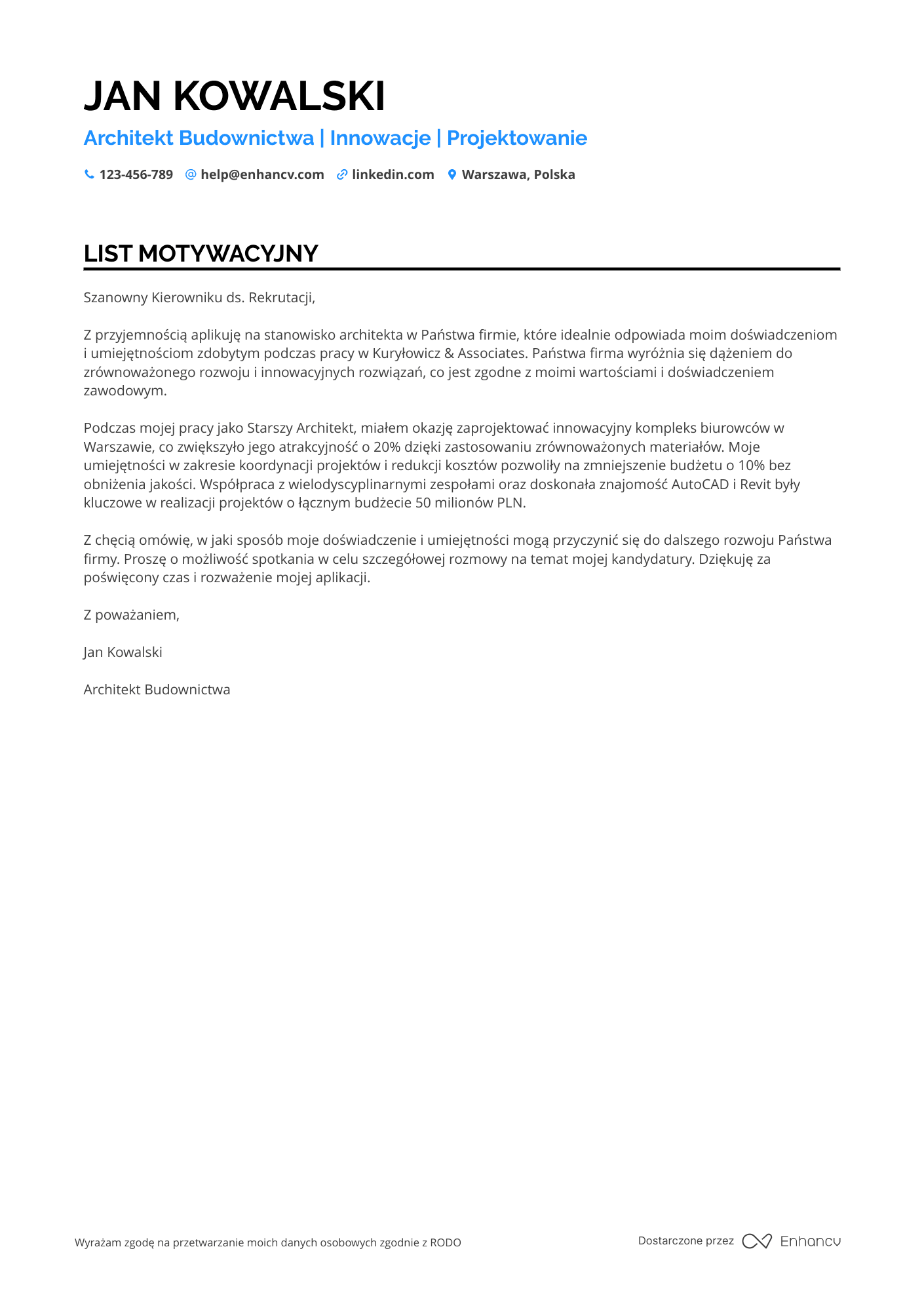 List motywacyjny dla Architekt budownictwa