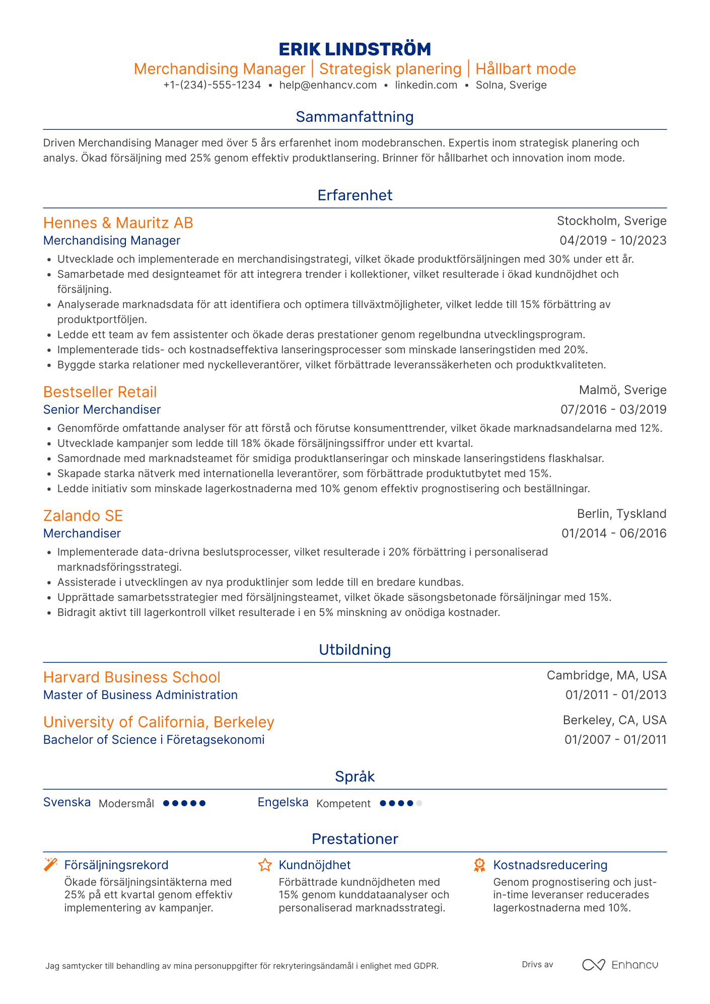 CV för Merchandising Manager
