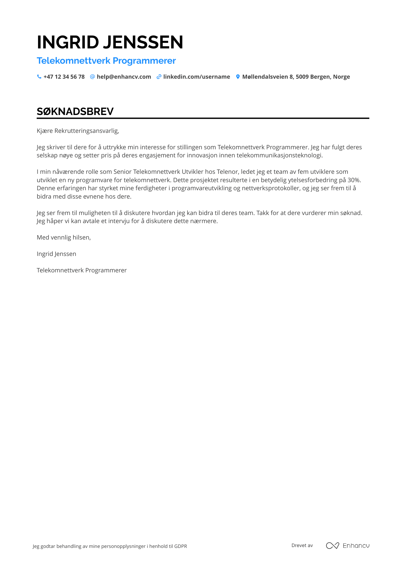 Søknadsbrev for Telekomnettverk Programmerer