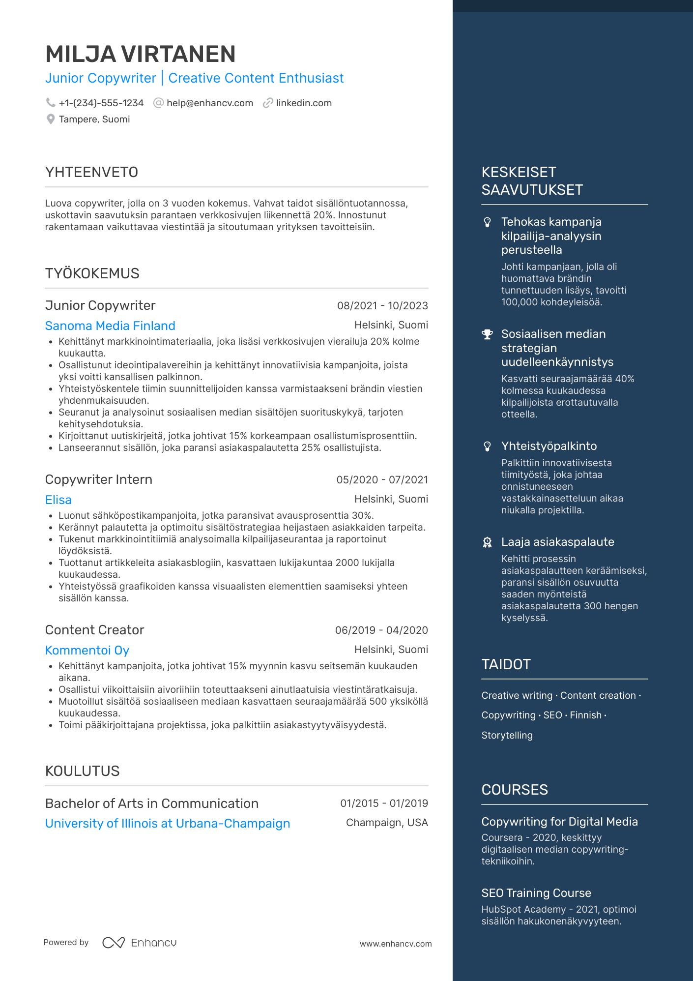 Ansioluettelo Junior Copywriter