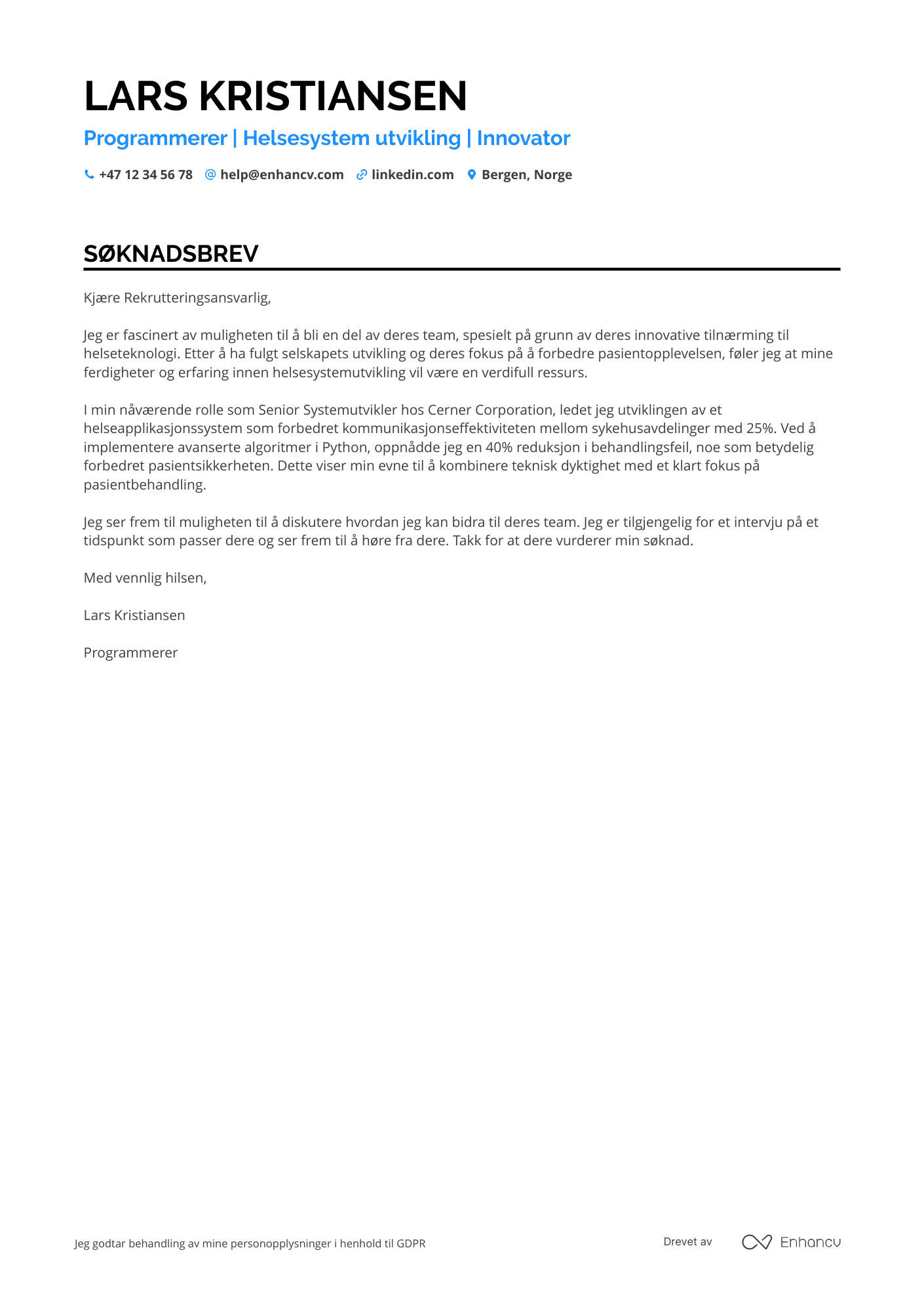 Søknadsbrev for Programmerer i helsesektoren