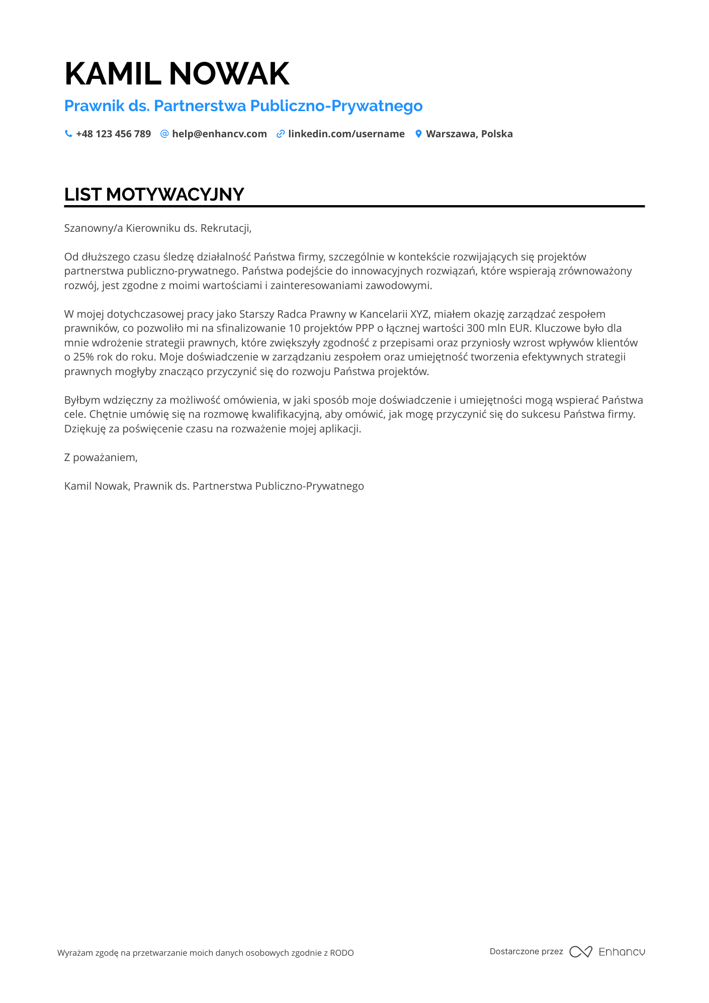 List motywacyjny dla Prawnik ds. Partnerstwa Publiczno Prywatnego
