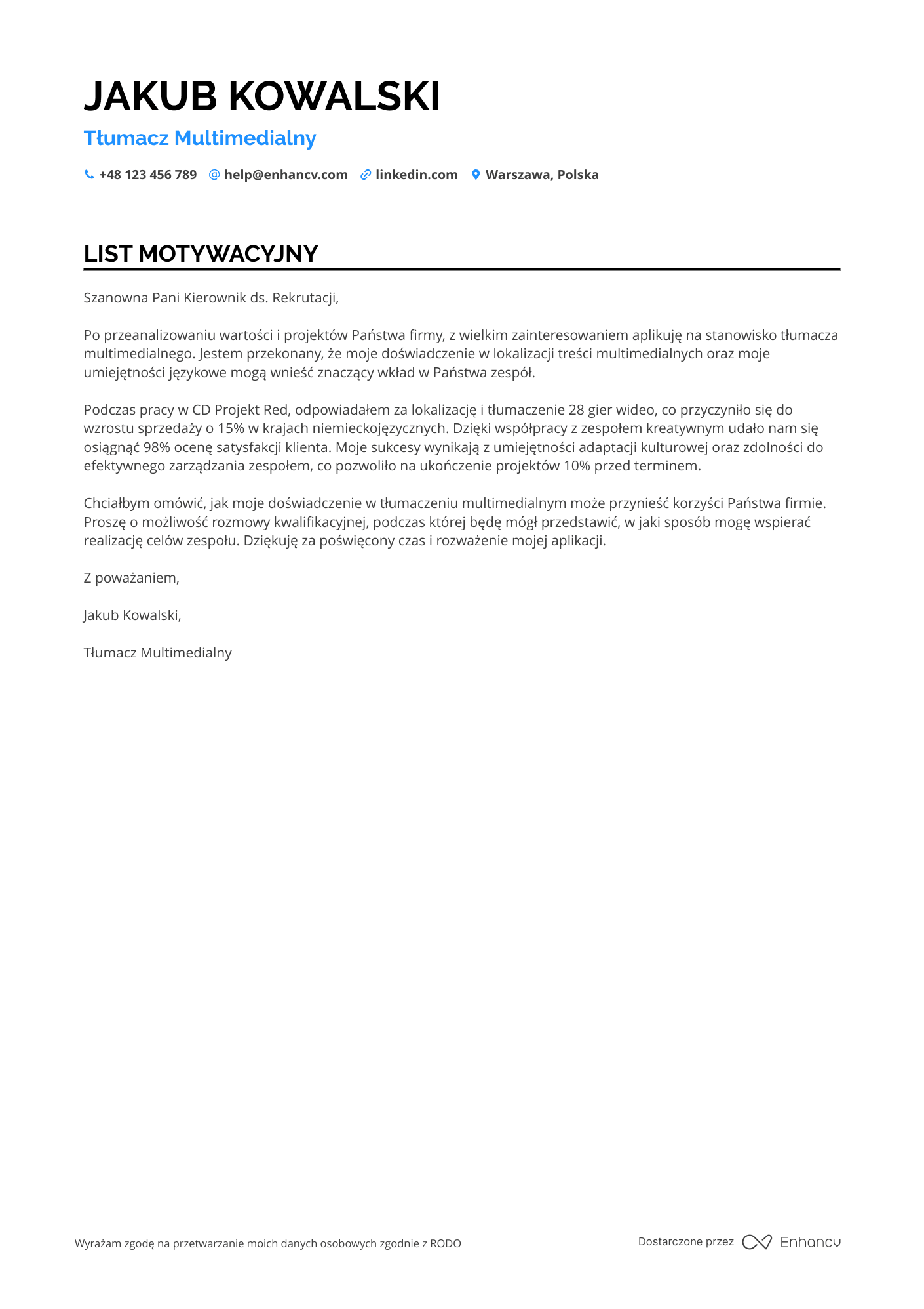 List motywacyjny dla Tłumacz Multimedialny