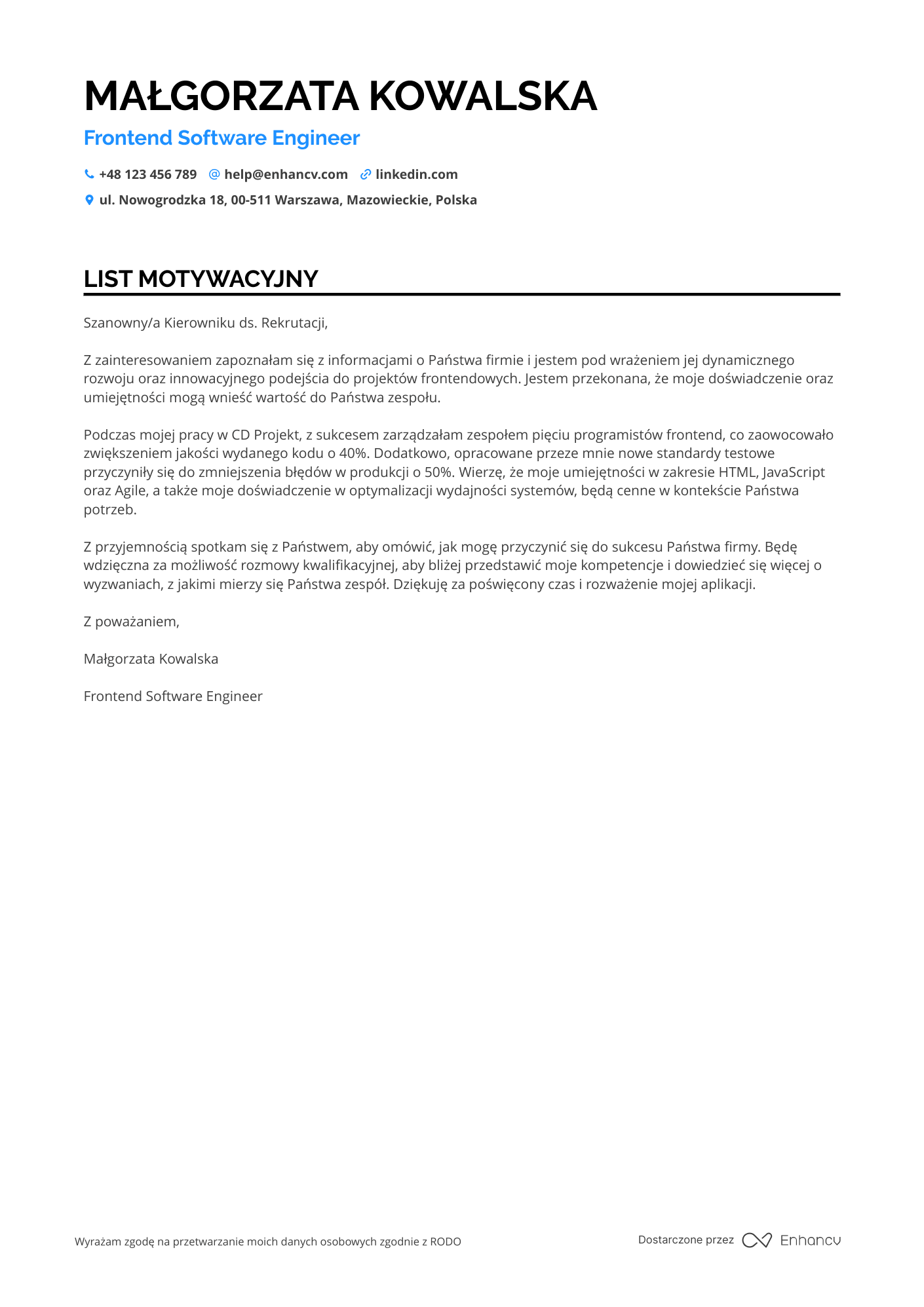 List motywacyjny dla Frontend Software Engineer