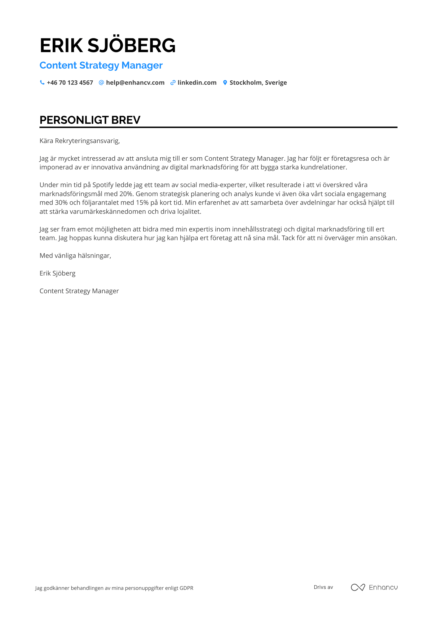 Personligt brev för Content Strategy Manager Social Media