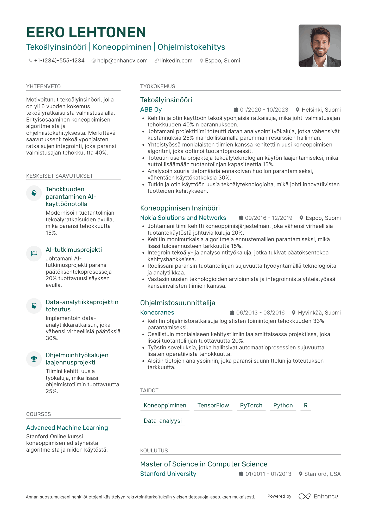 Ansioluettelo Tekoälyinsinööri valmistusala