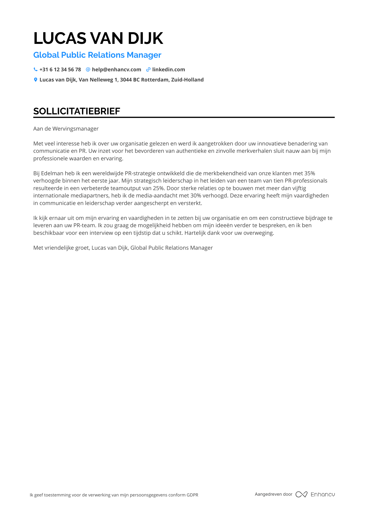 Sollicitatiebrief voor Global Public Relations Manager