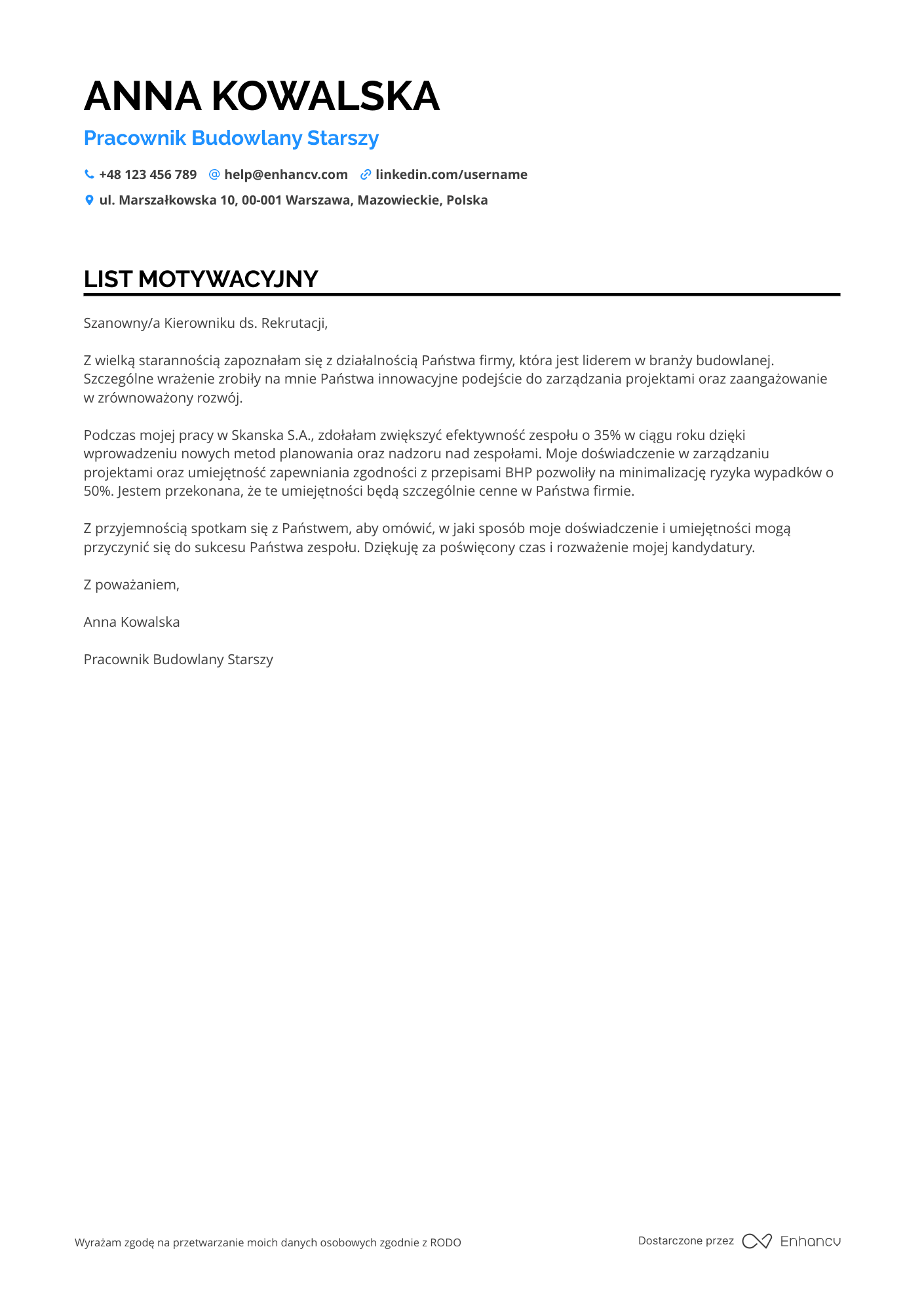 List motywacyjny dla Pracownik Budowlany Starszy