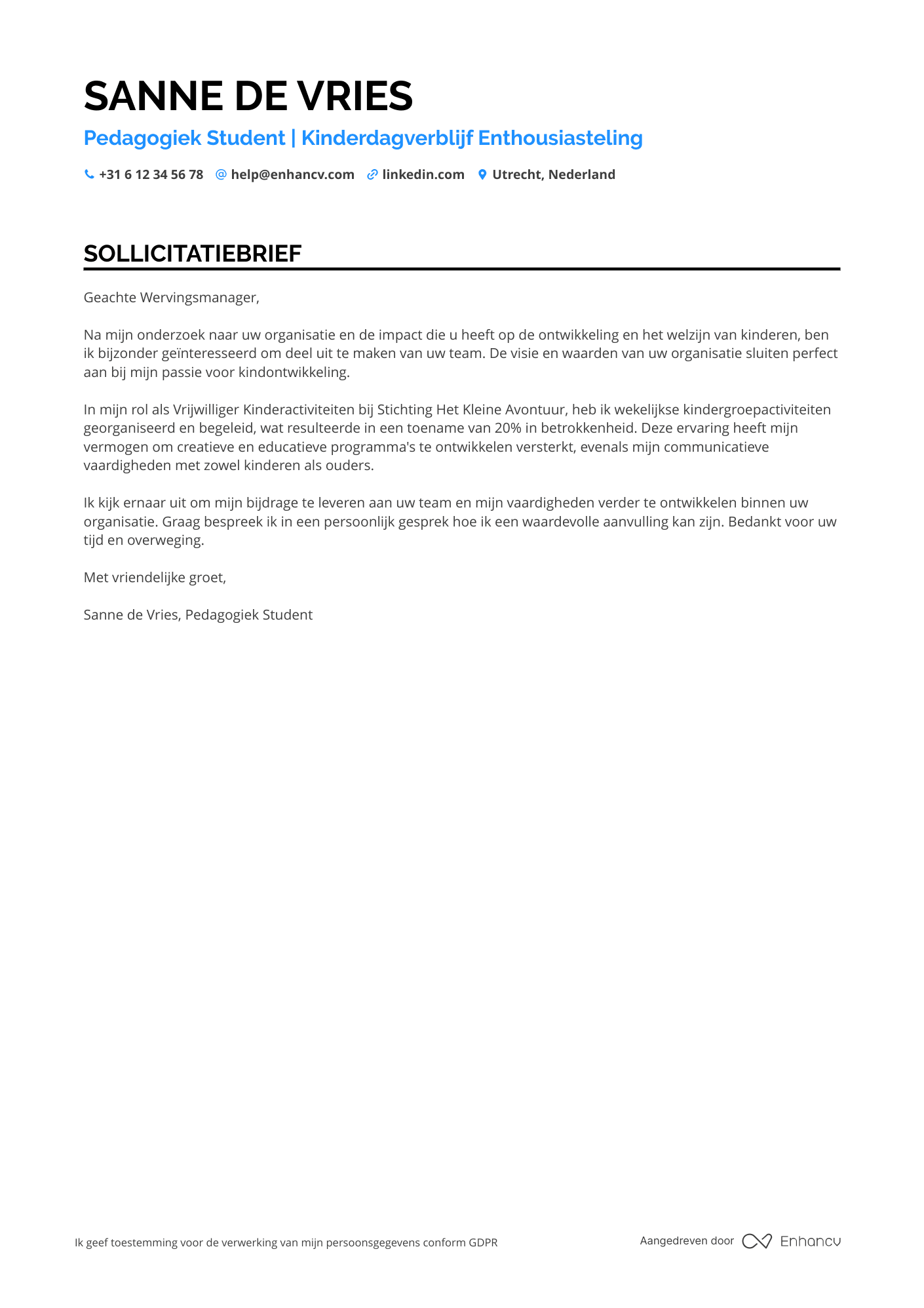 Sollicitatiebrief voor Oppas Stage