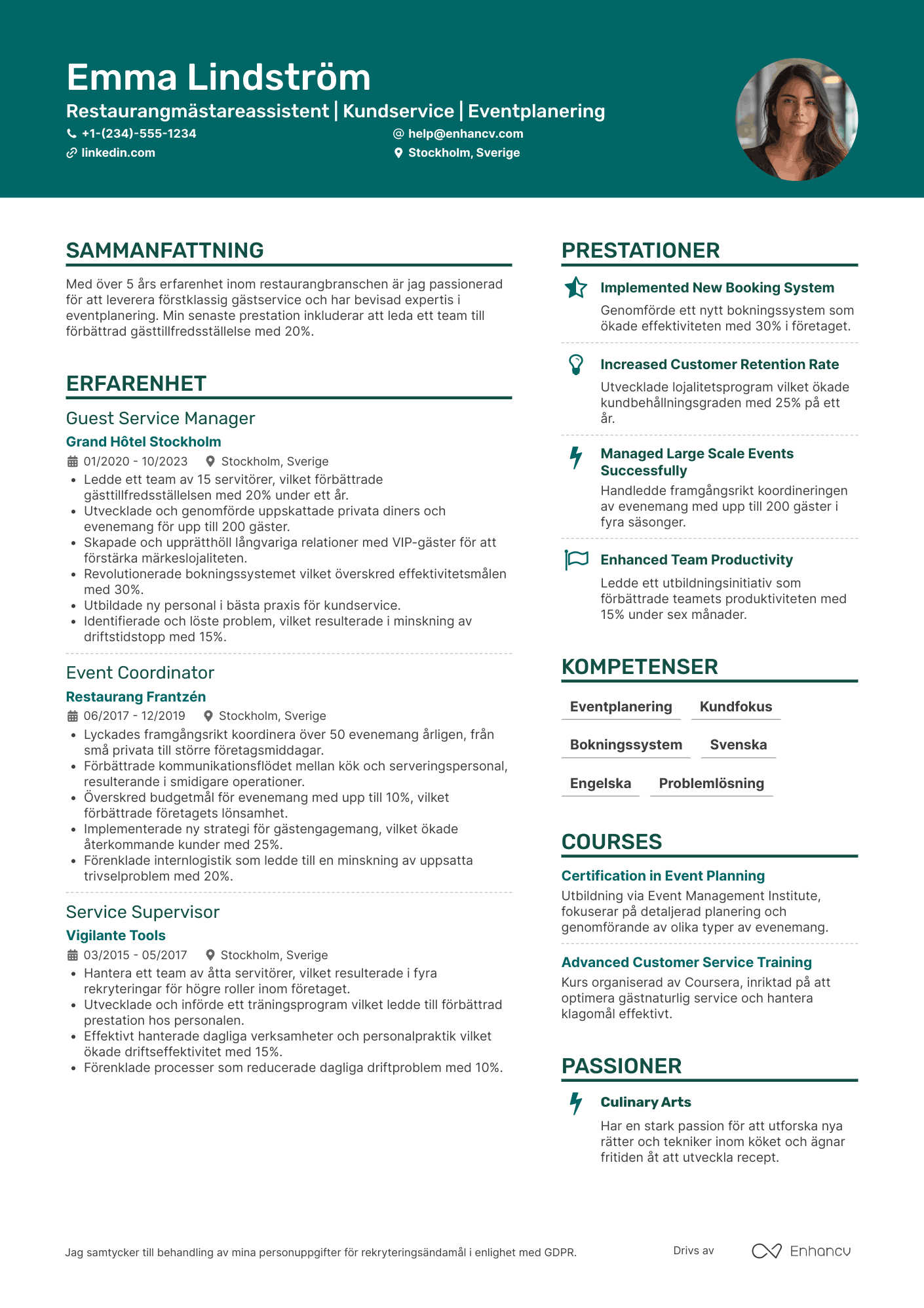 CV för Restaurangmästareassistent
