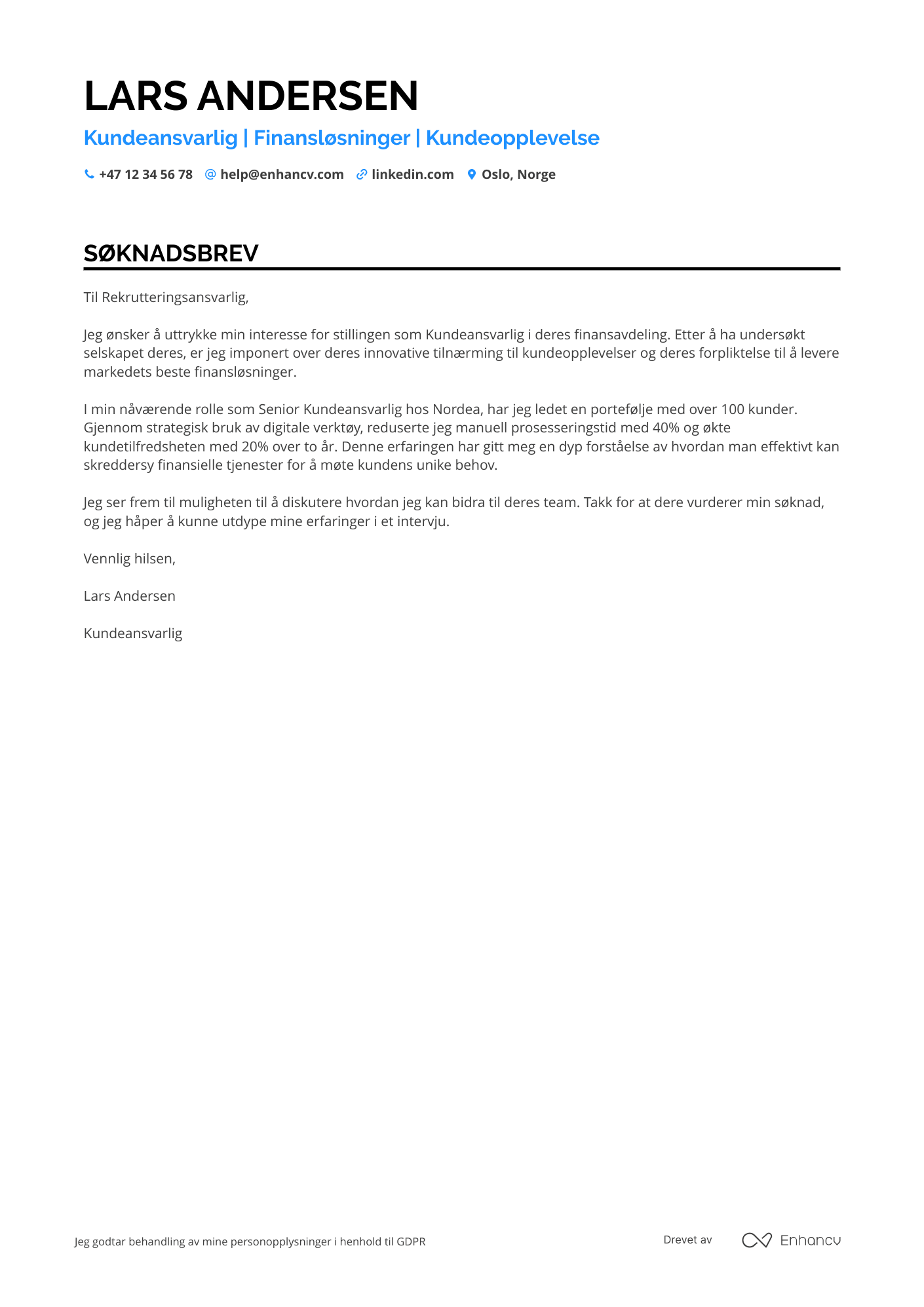 Søknadsbrev for Kundeansvarlig i Finanssektoren