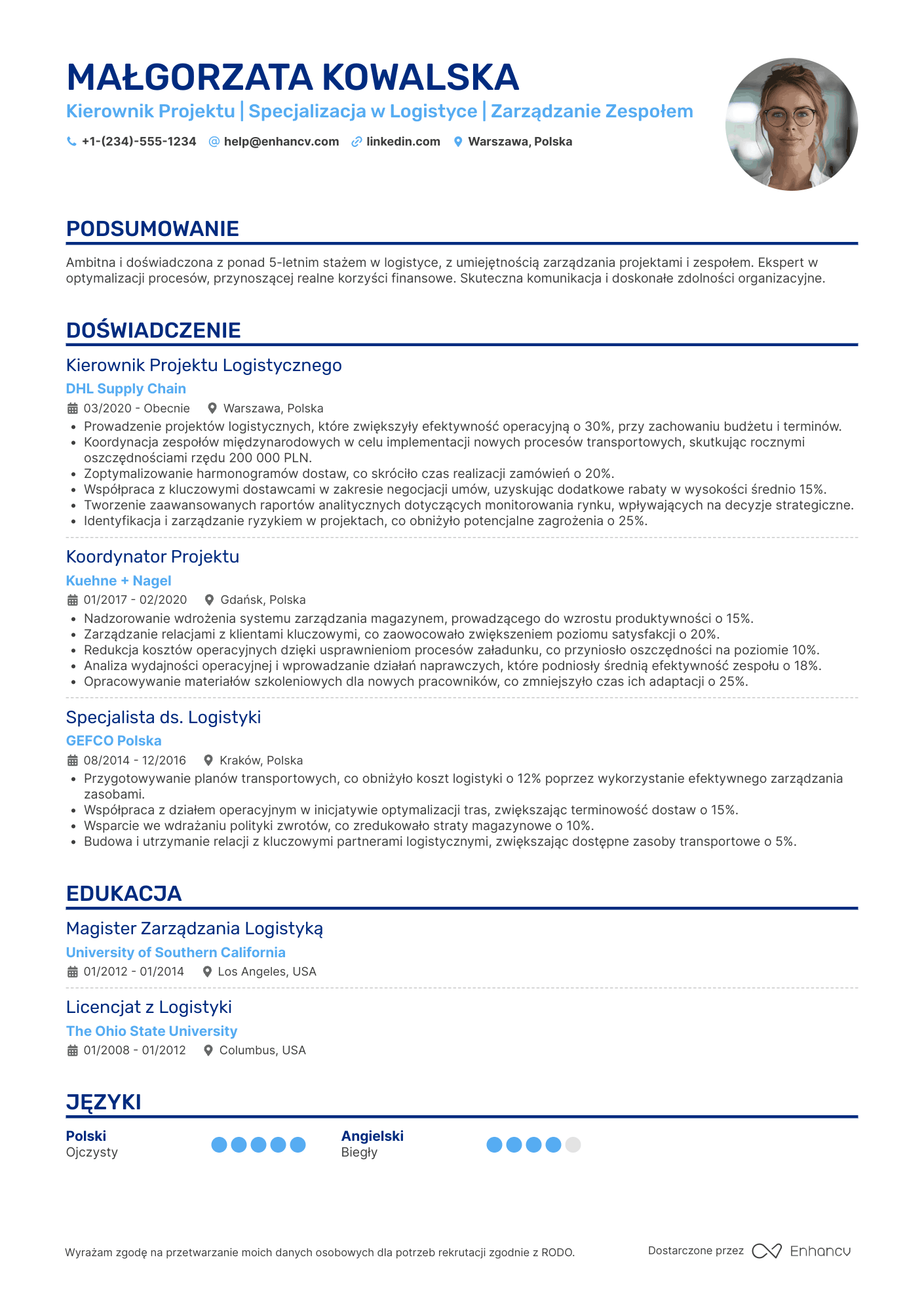 CV dla Kierownik Projektu Logistycznego