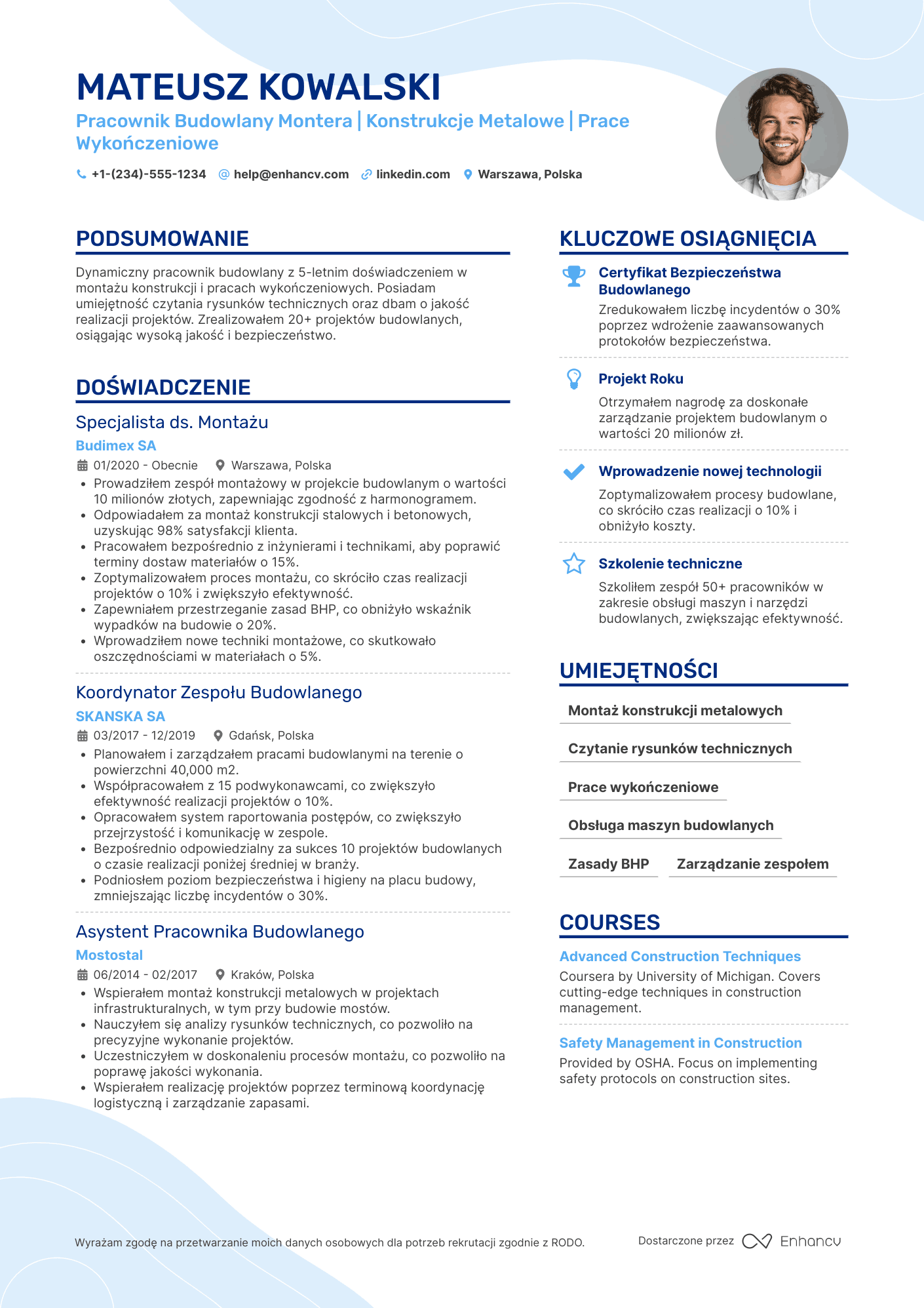 CV dla Pracownik Budowlany Montera