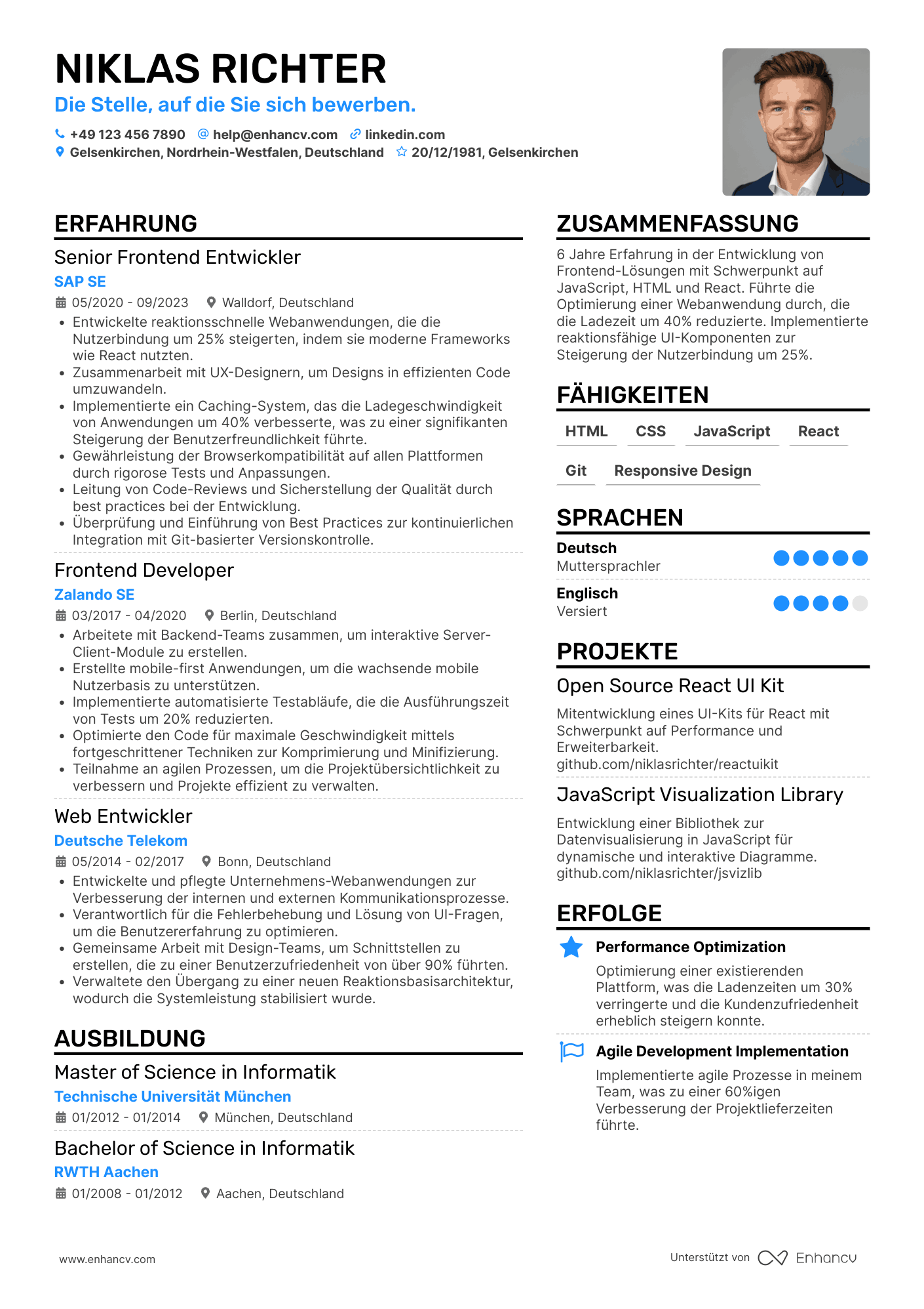 Lebenslauf als Frontend Entwickler für User Interface Design
