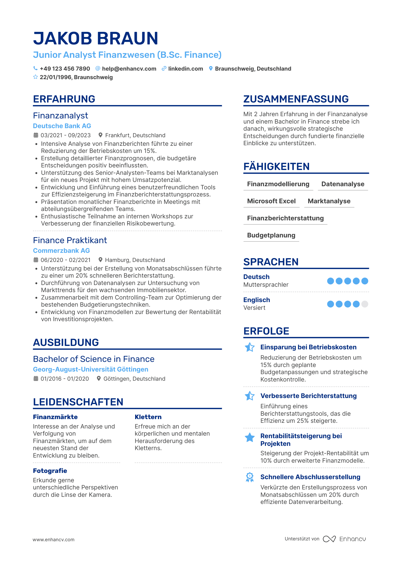 Lebenslauf als Junior Finanzwesen Analyst