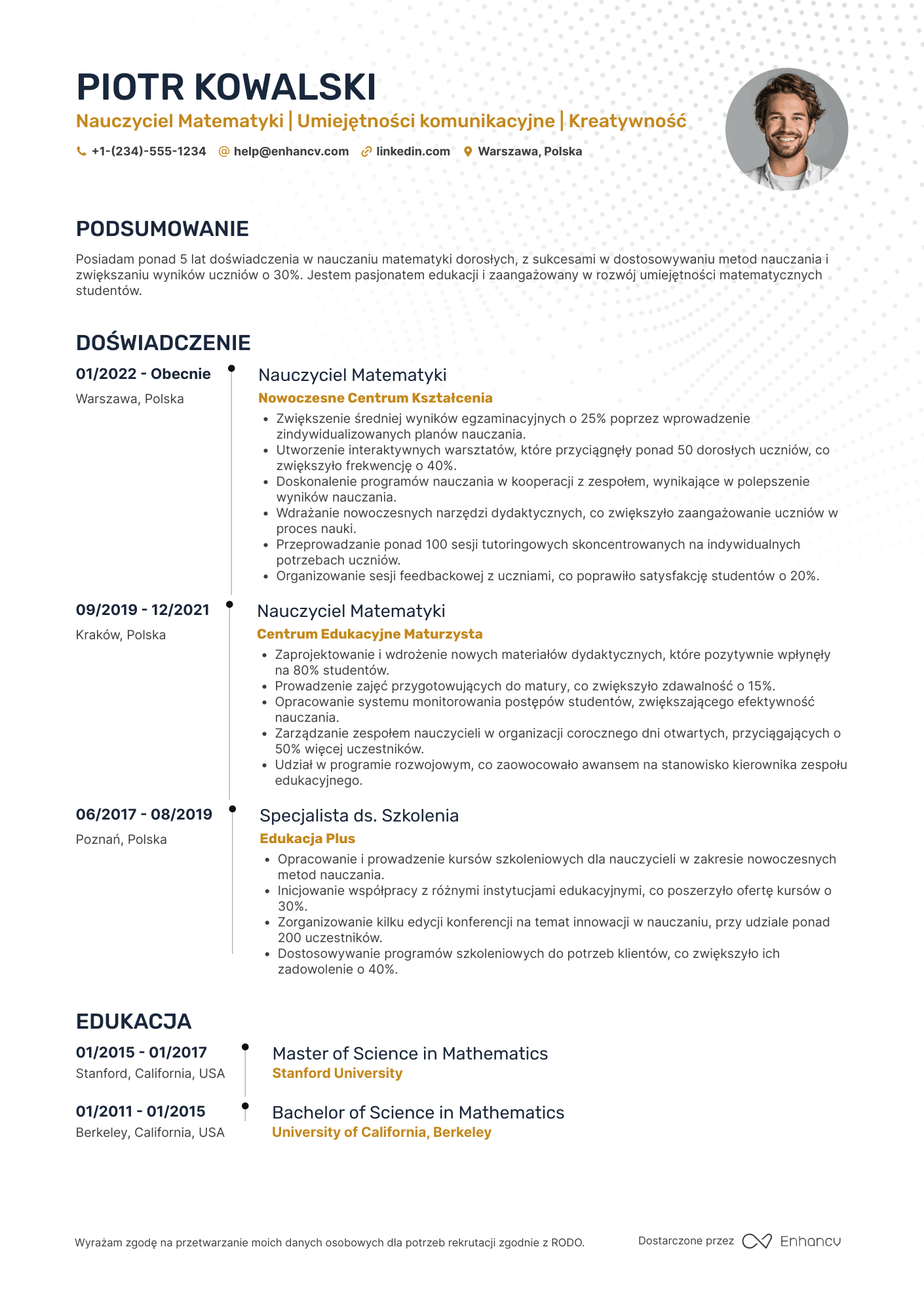 CV dla Nauczyciel Matematyki dla Dorosłych
