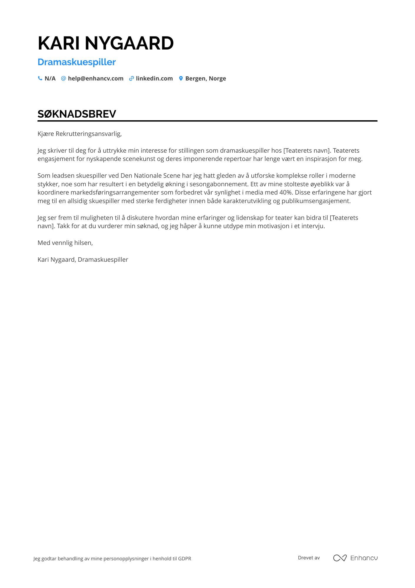Søknadsbrev for Dramaskuespiller