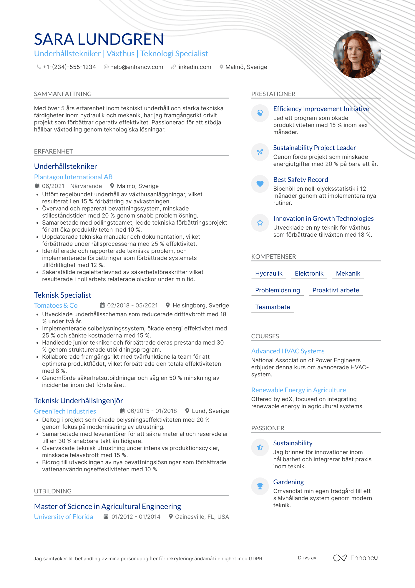 CV för Växthus Underhållstekniker