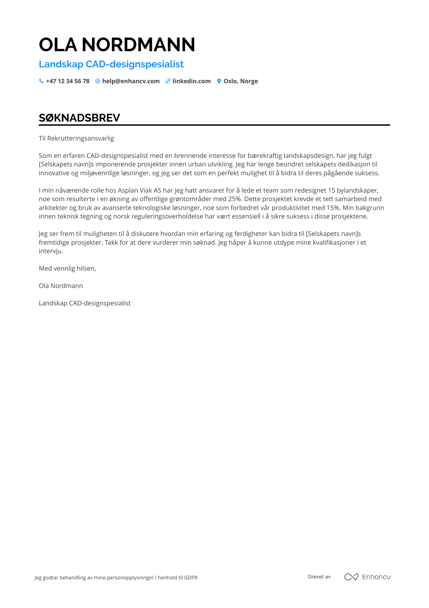 Søknadsbrev for Landscape CAD designspesialist