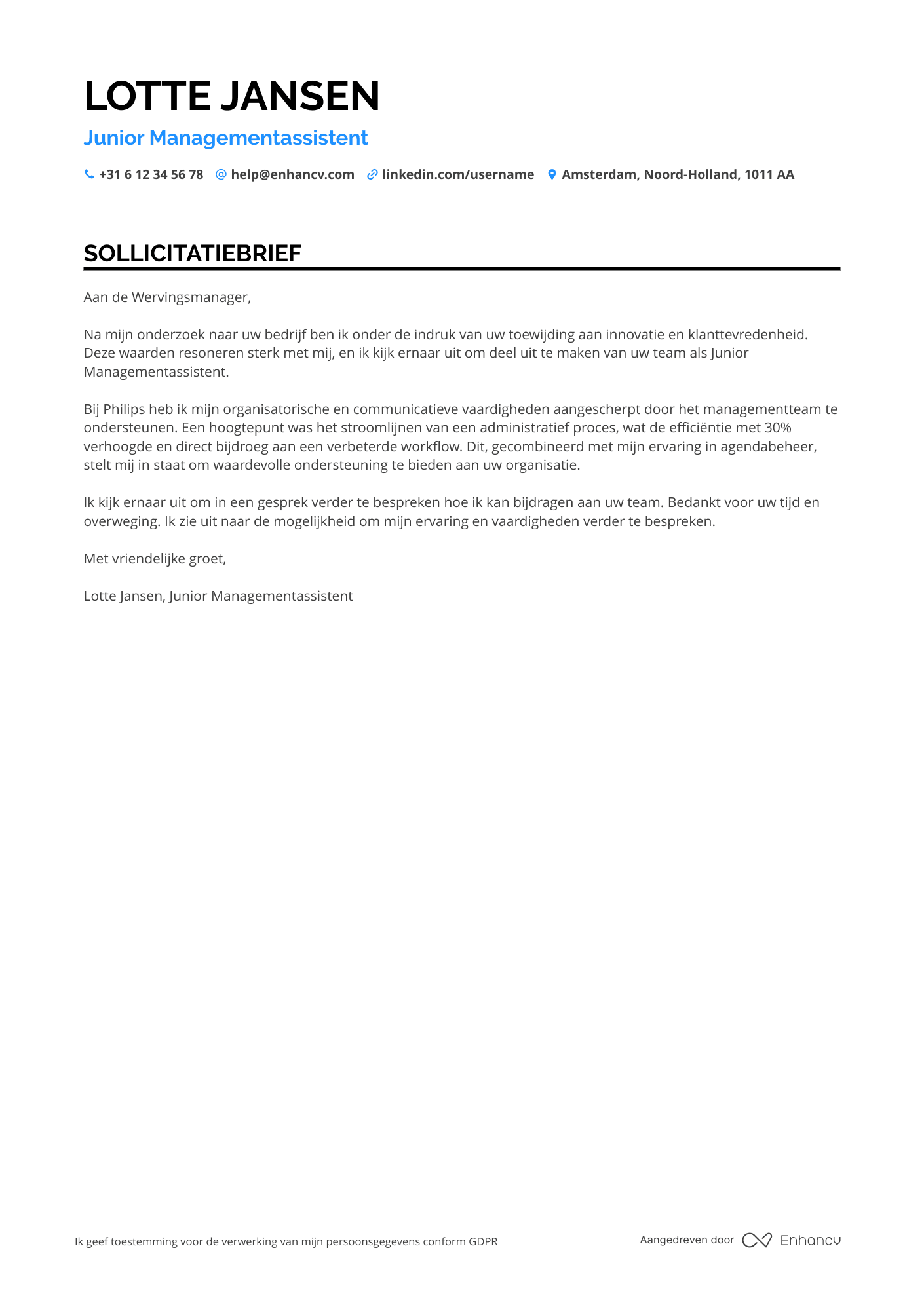 Sollicitatiebrief voor Junior Managementassistent