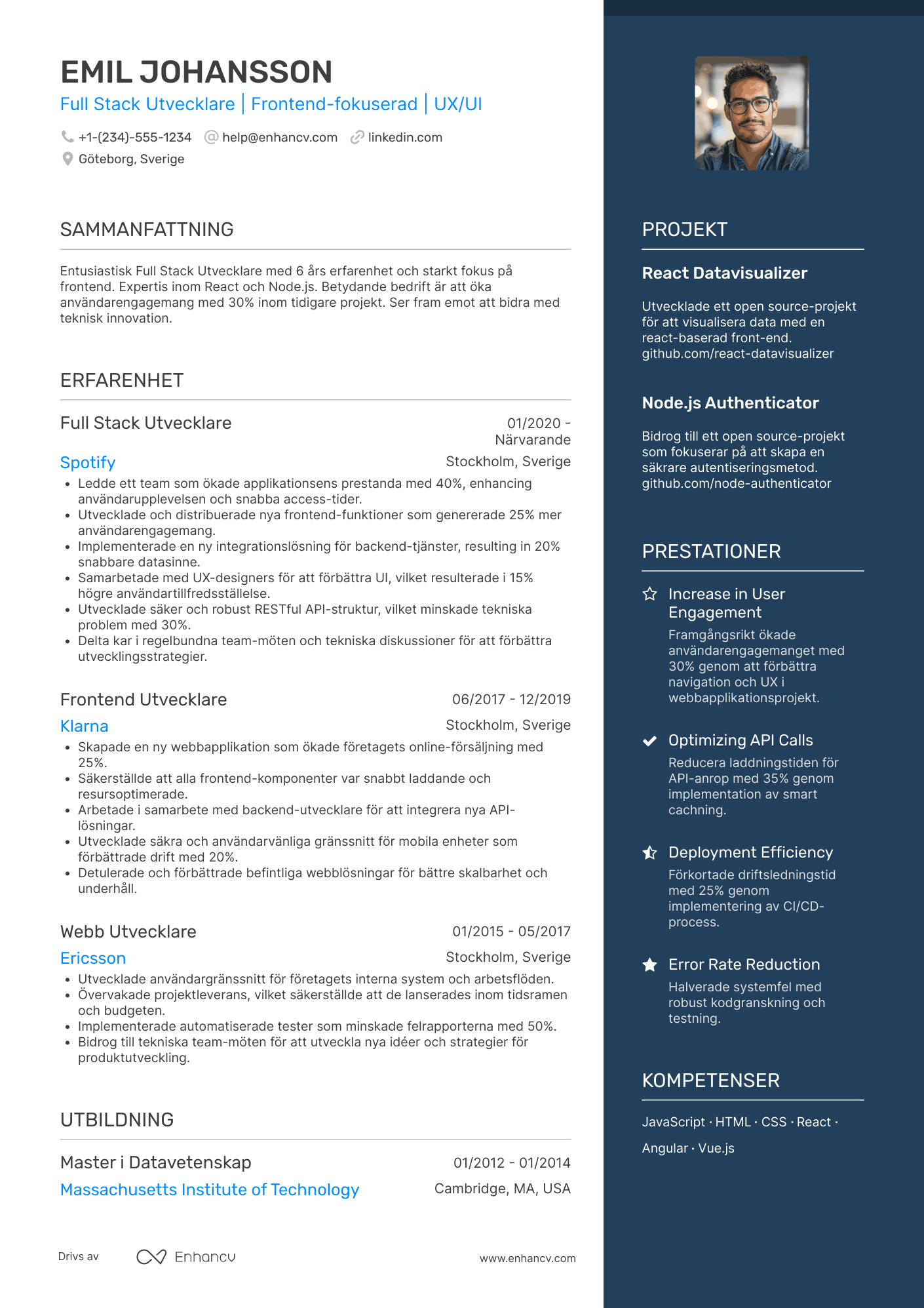 CV för Full Stack Utvecklare Frontend fokuserad