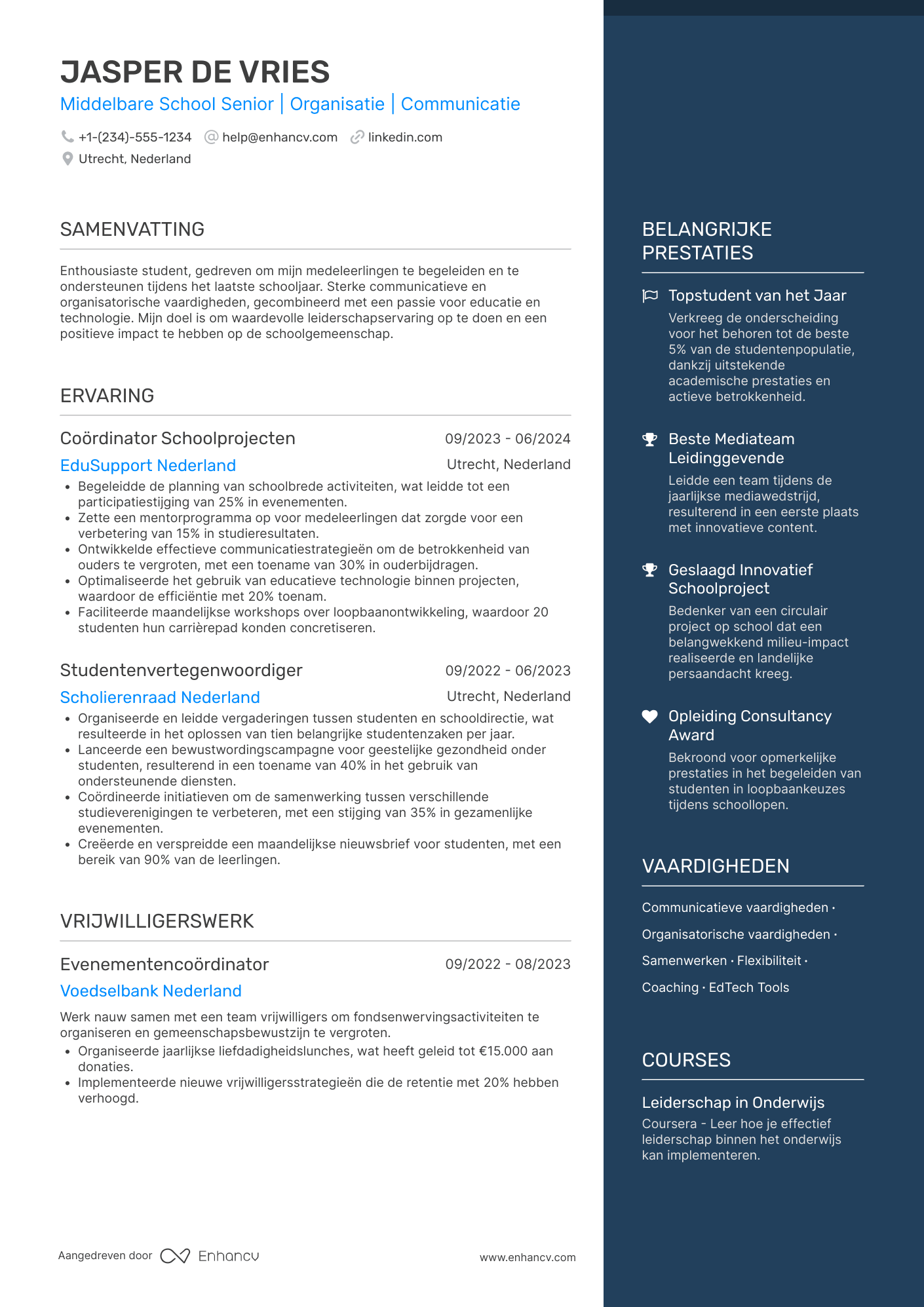 CV voor Middelbare School Student Senior Year Leader