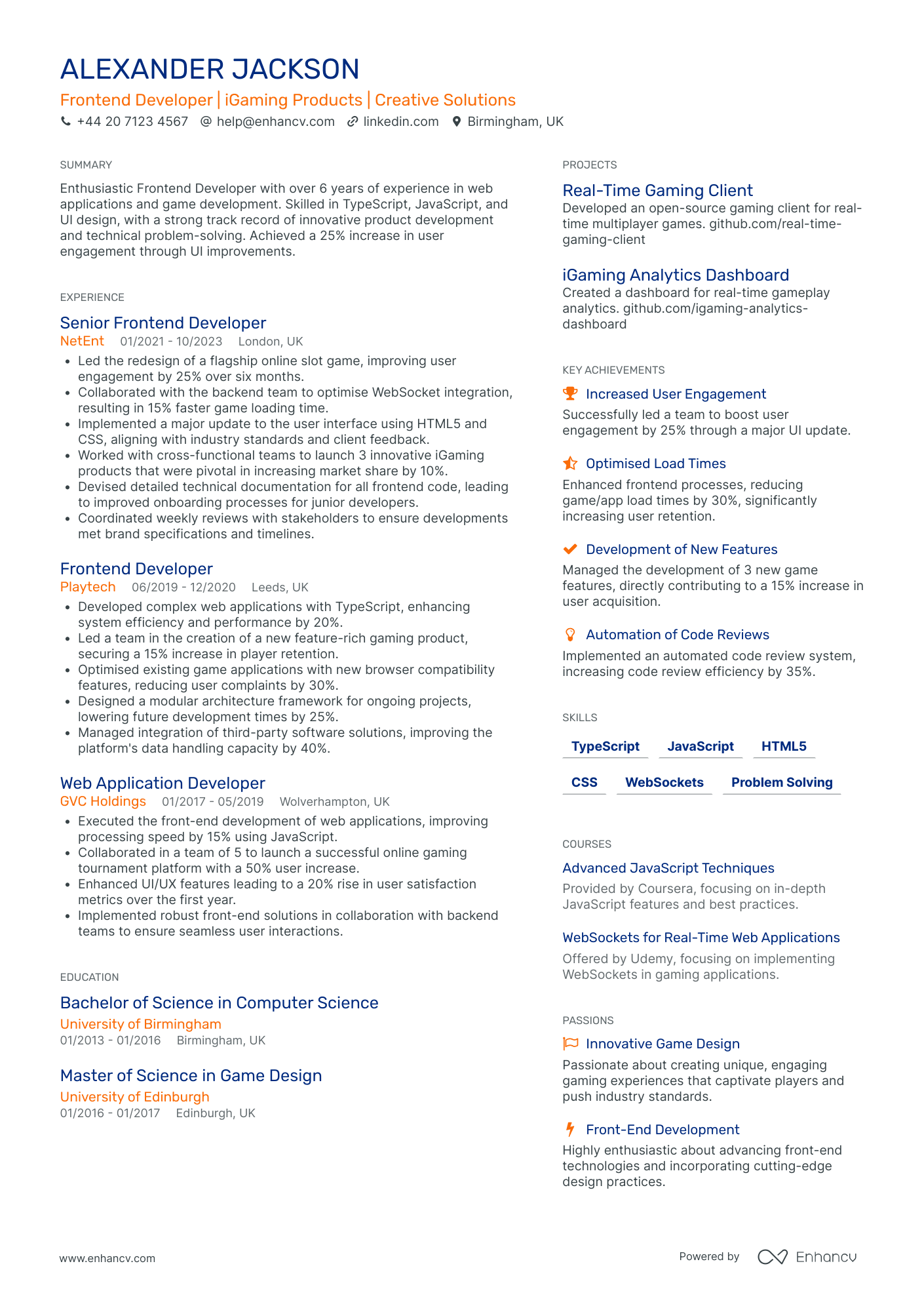 Game Developer Analyst CV Examples