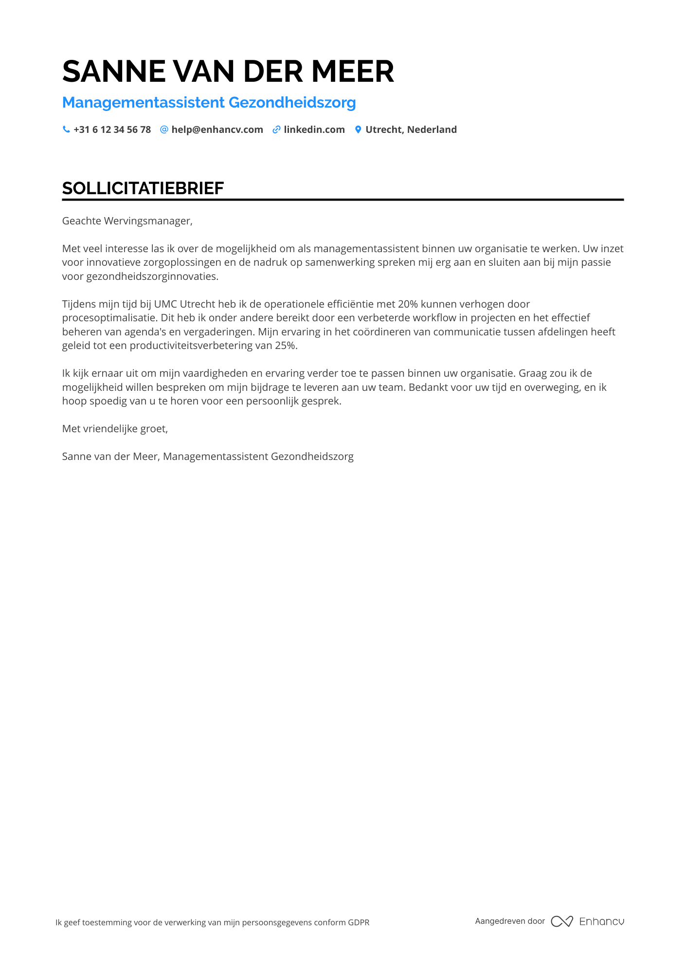 Sollicitatiebrief voor Managementassistent Gezondheidszorg