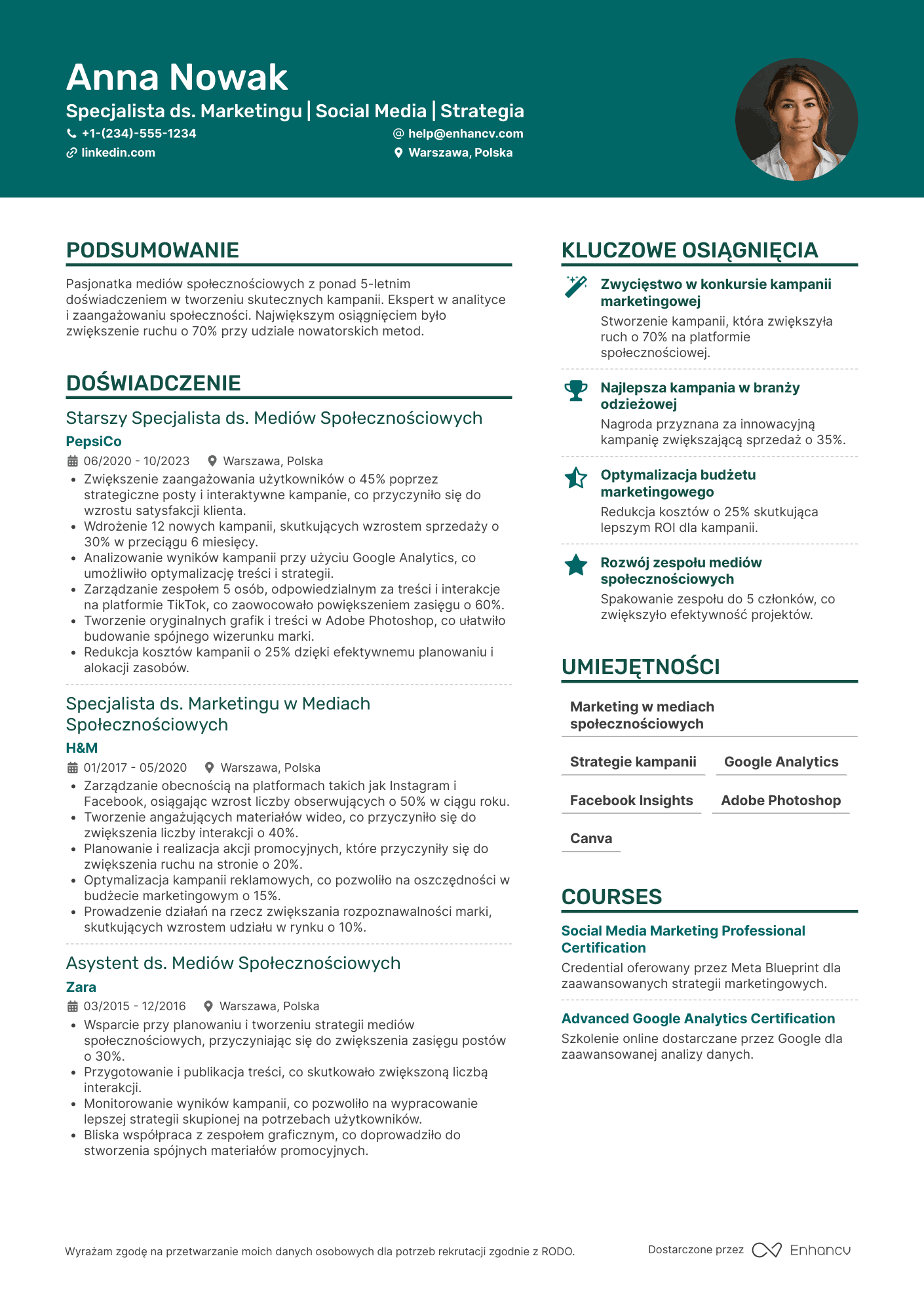CV dla Specjalista ds. Marketingu w Mediach Społecznościowych