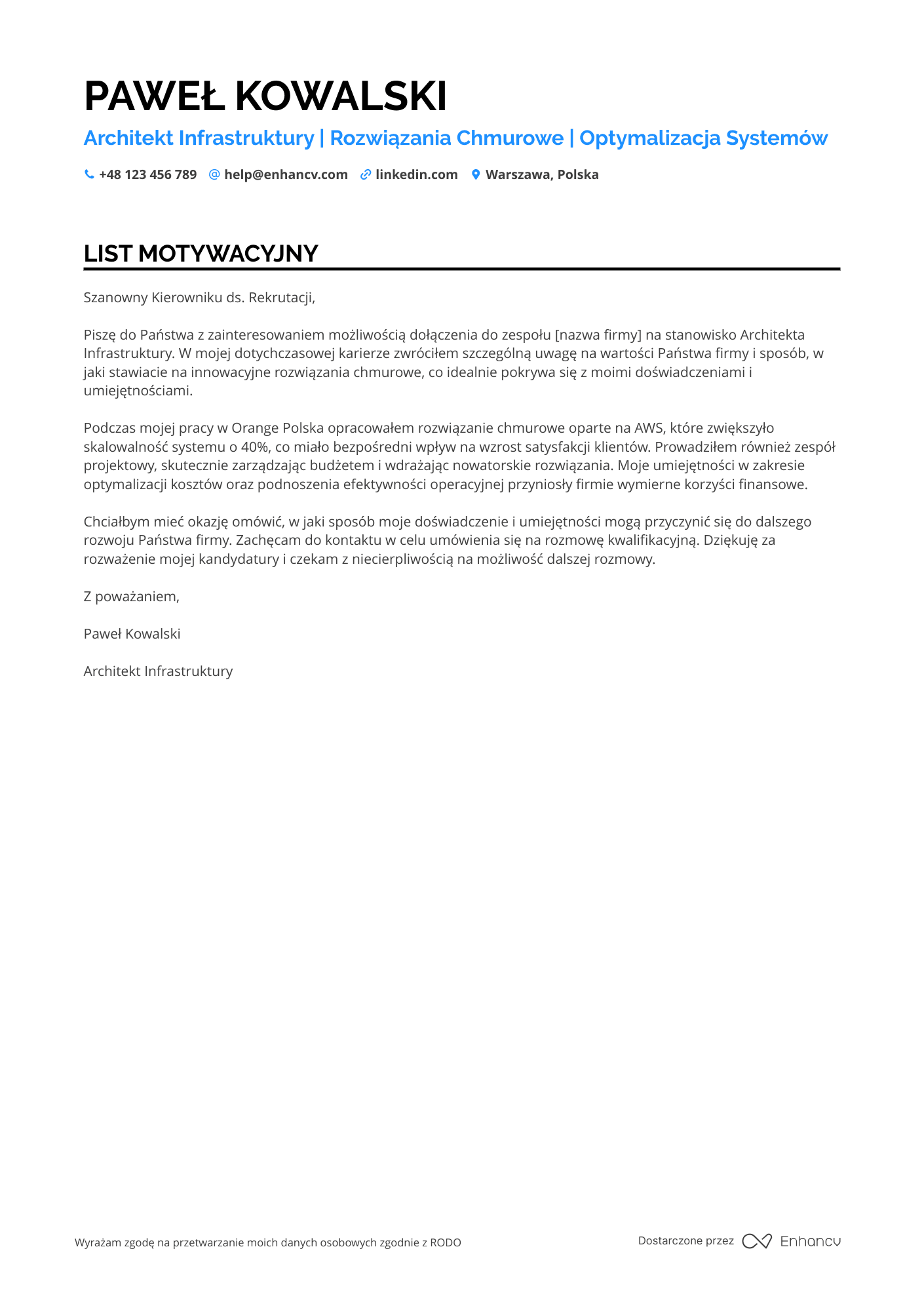 List motywacyjny dla Architekt infrastruktury
