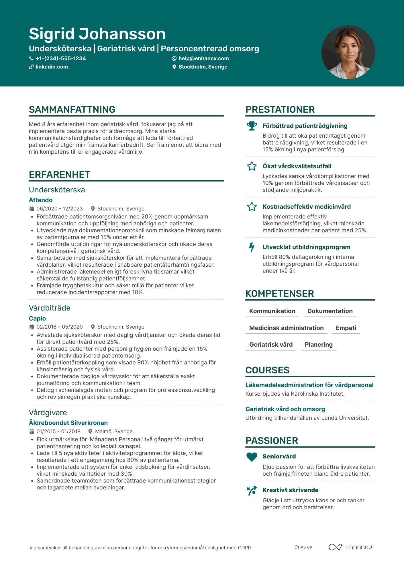 CV för Undersköterska Geriatrisk Avdelning