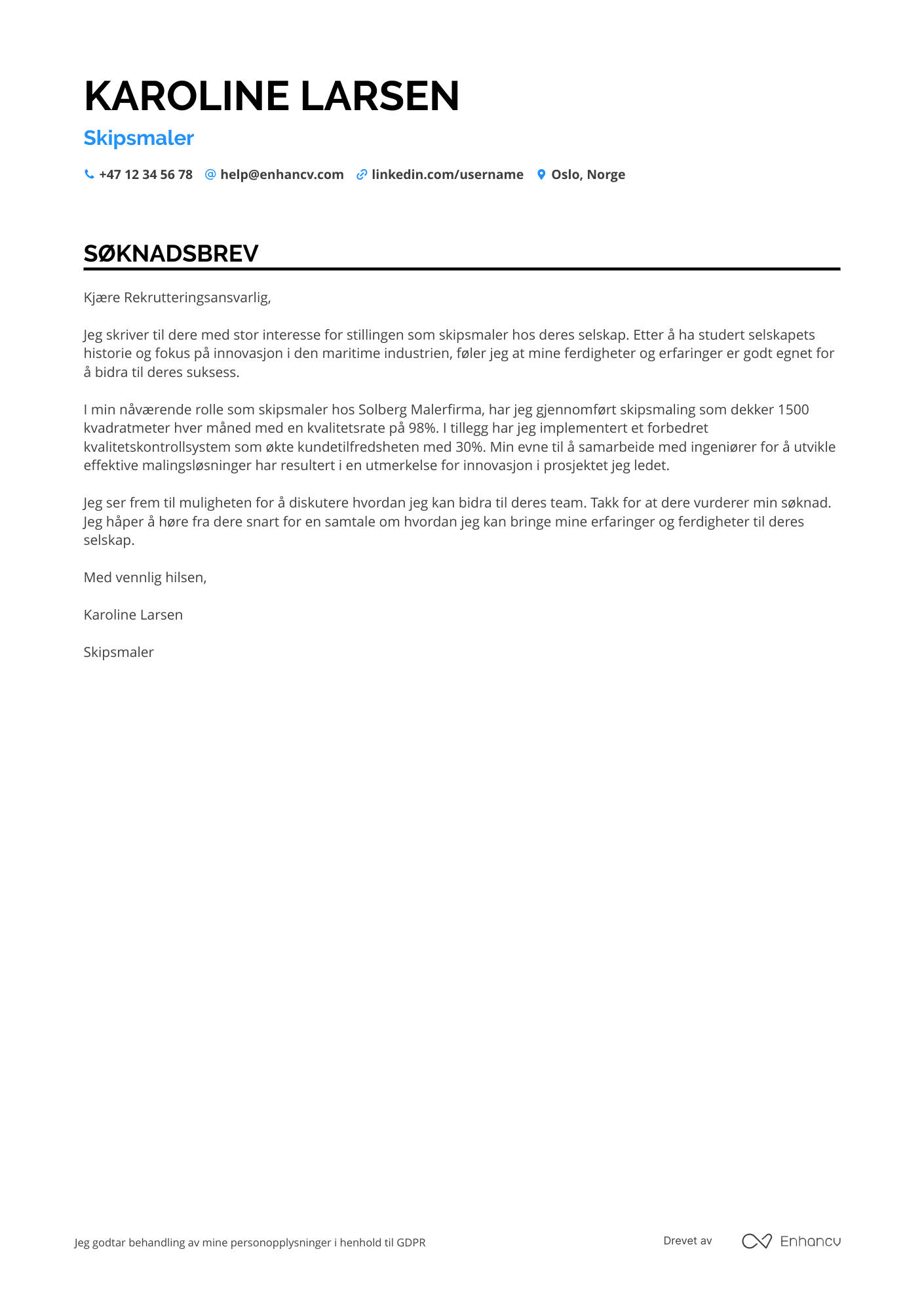 Søknadsbrev for Skipsmaler