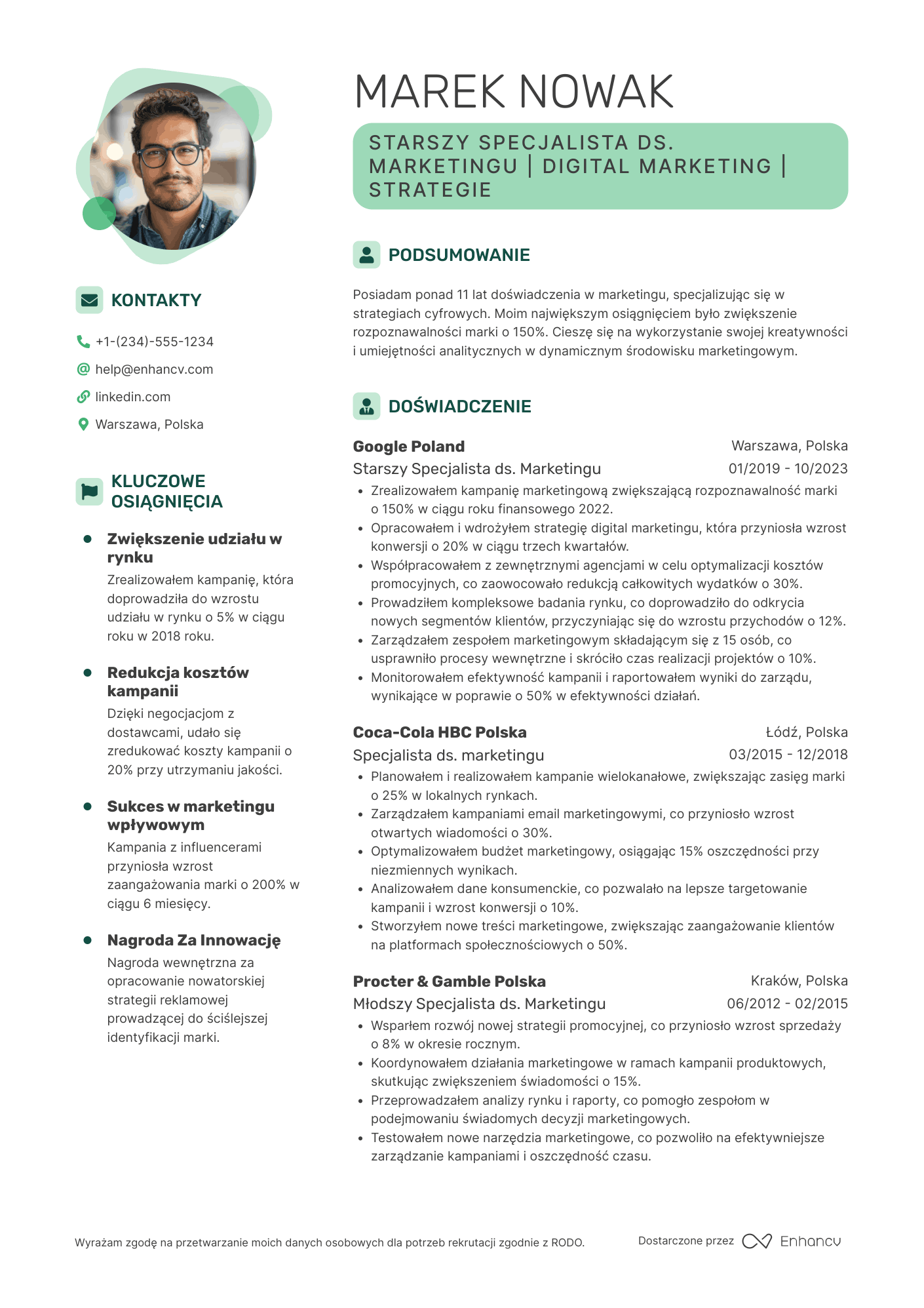 CV dla Starszy Specjalista ds. Marketingu