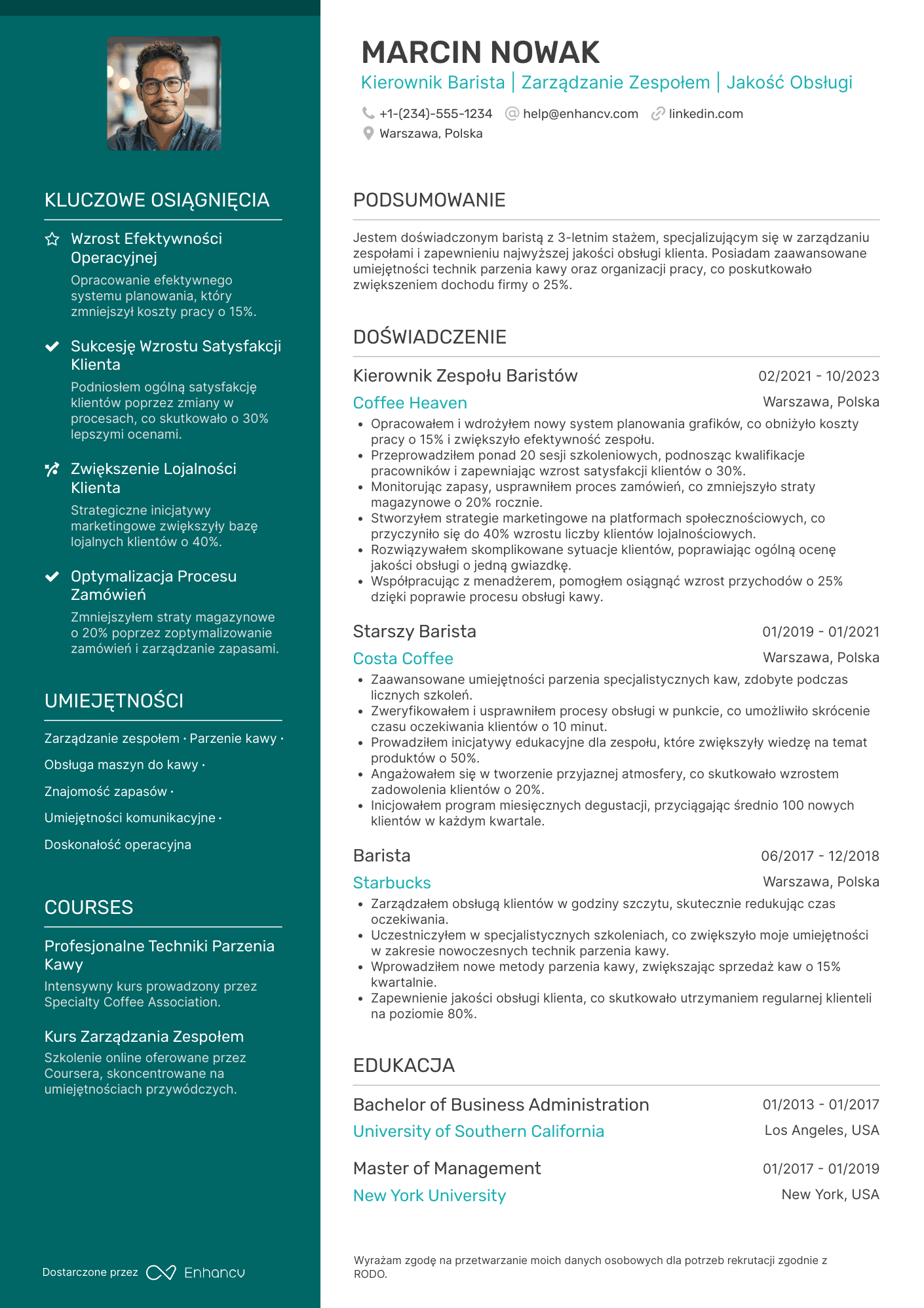 CV dla Barista Supervisor