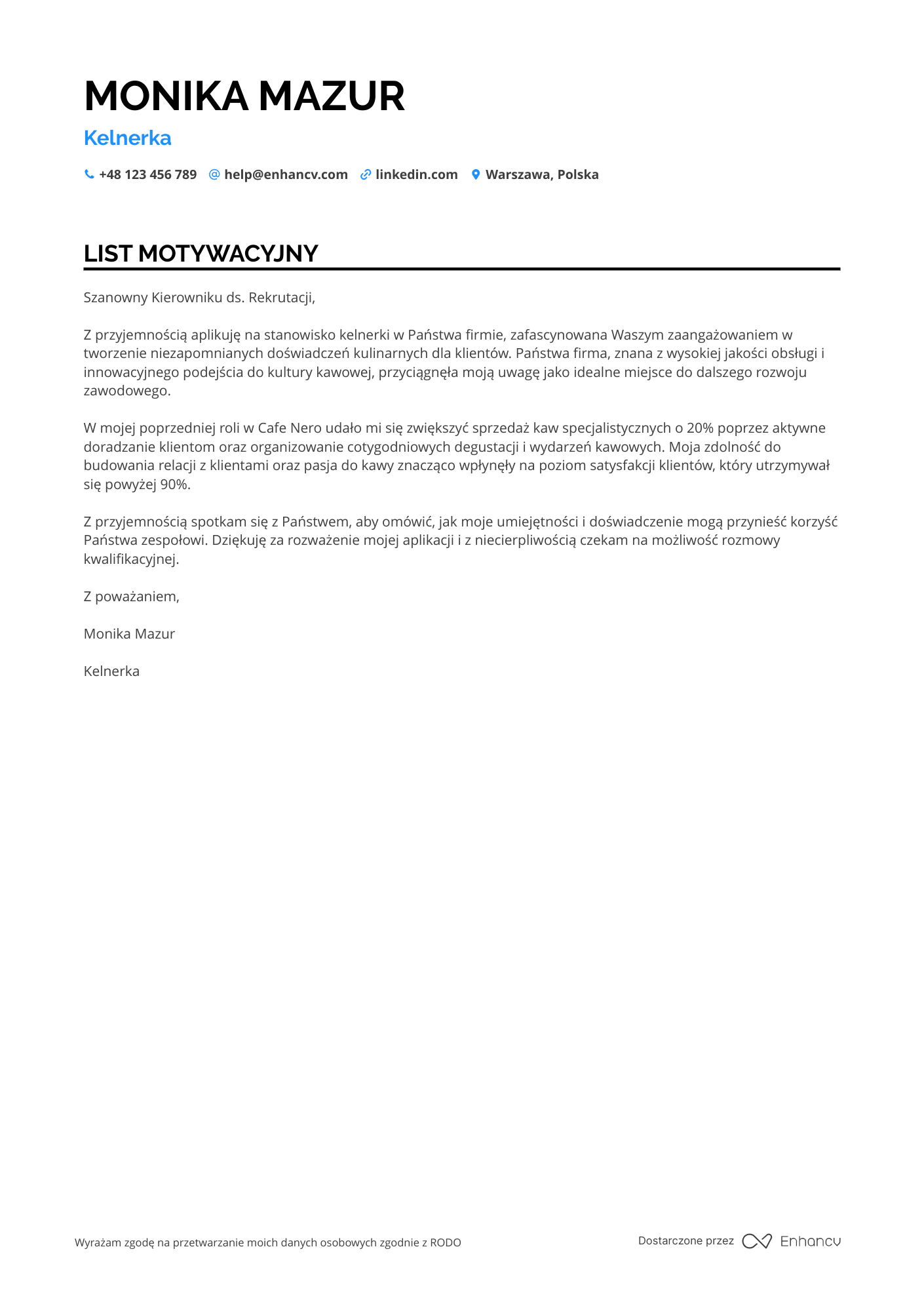 List motywacyjny dla Kelner w Kawiarni