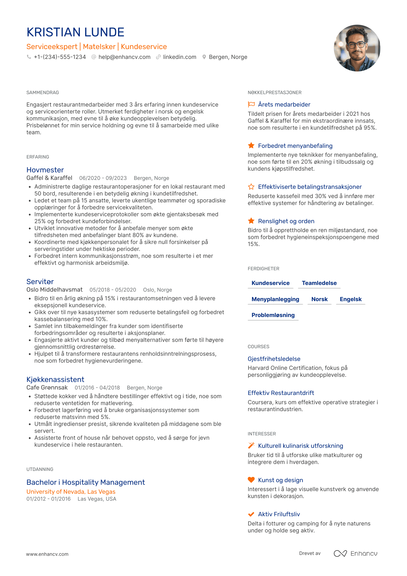 CV for Restaurantmedarbeider Nybegynner