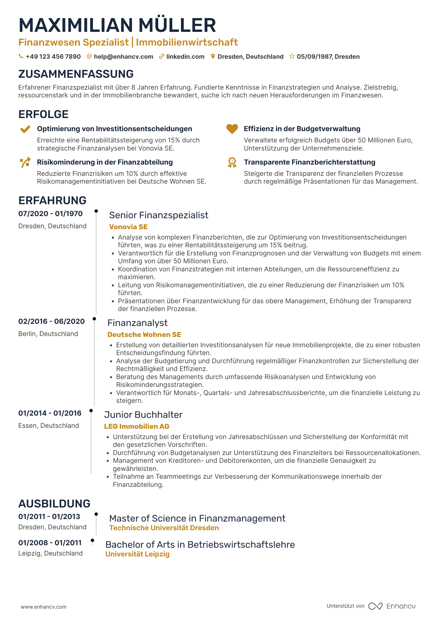 Lebenslauf in Finanzwesen in der Immobilienbranche