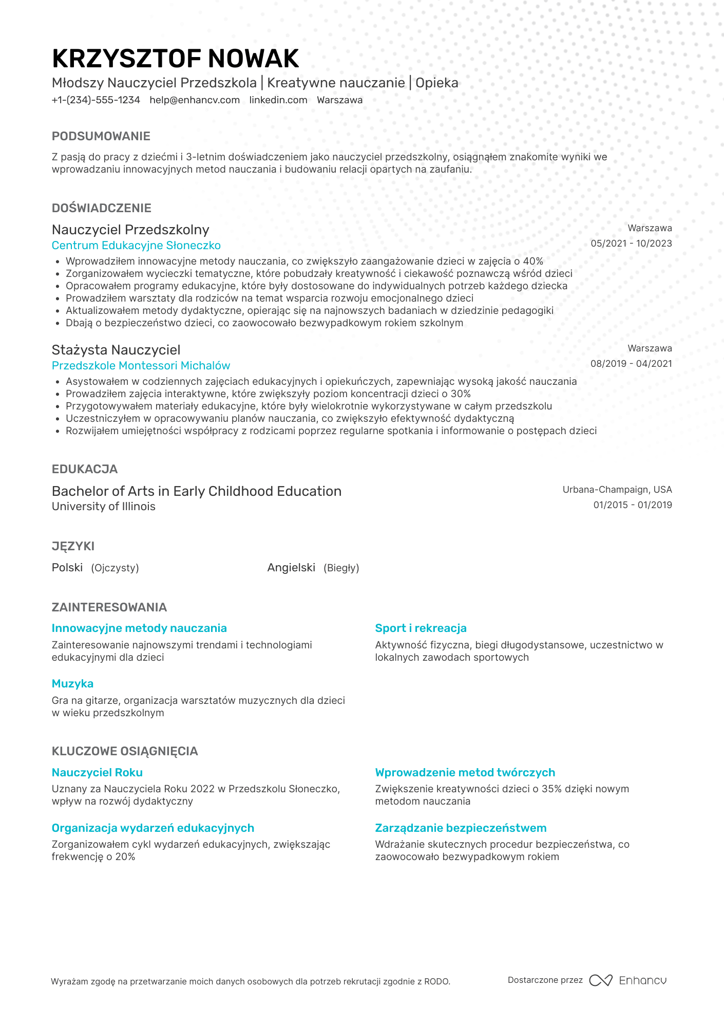 CV dla Młodszy Nauczyciel Przedszkola