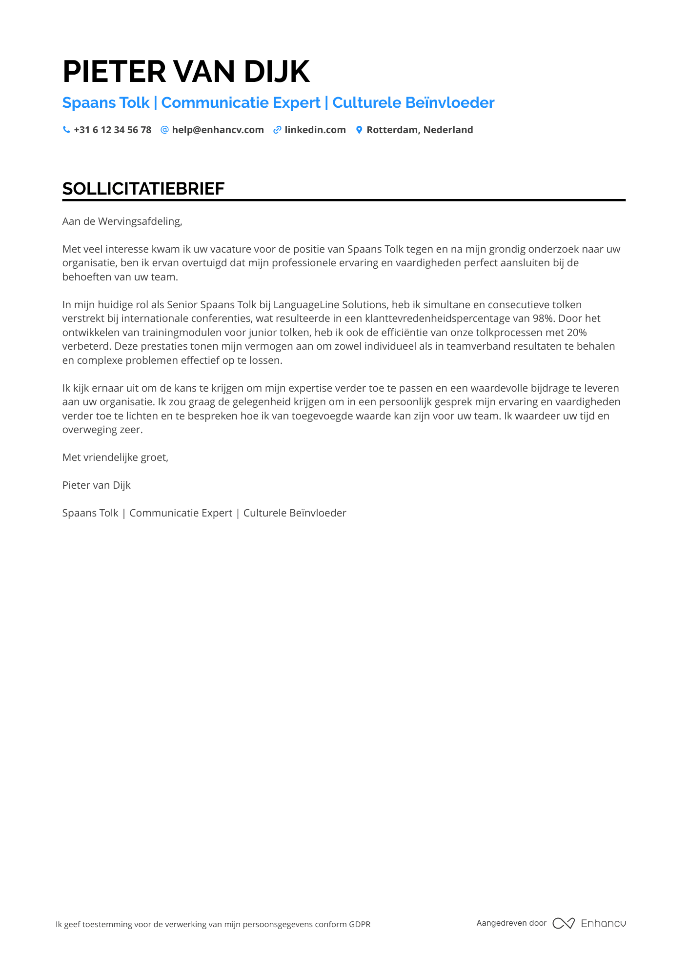 Sollicitatiebrief voor Spaans Tolk