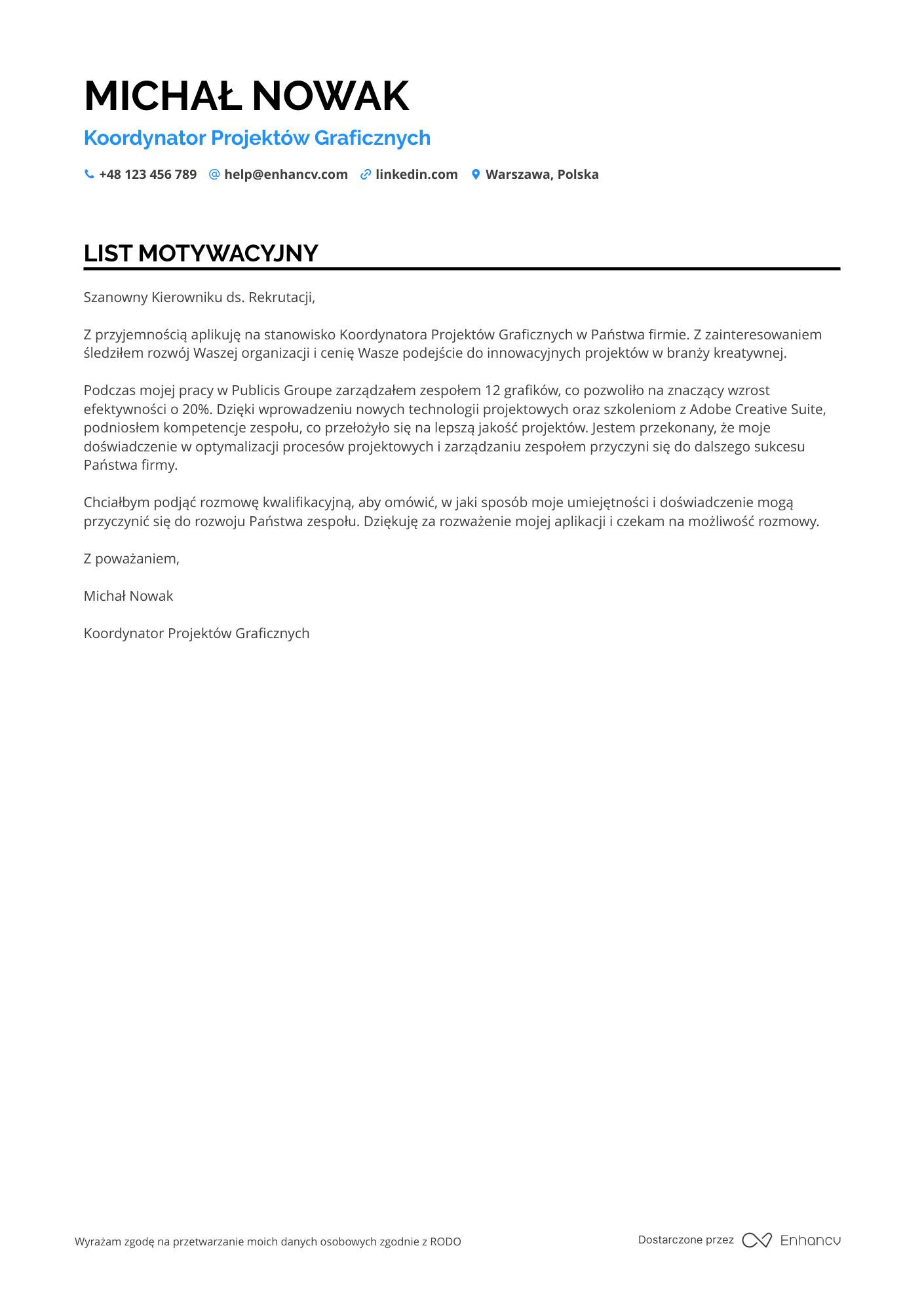 List motywacyjny dla Koordynator grafik
