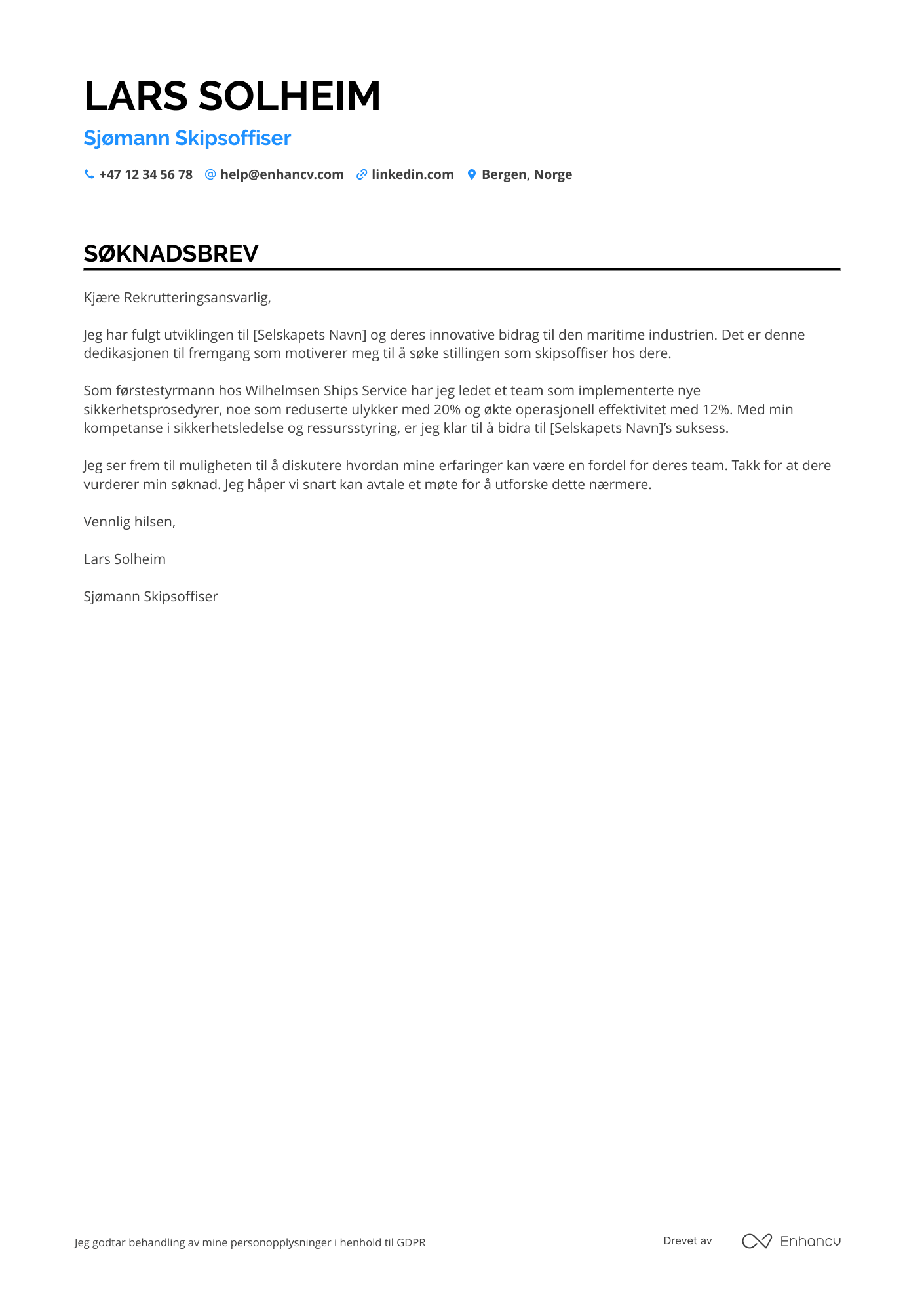 Søknadsbrev for Sjømann Skipsoffiser