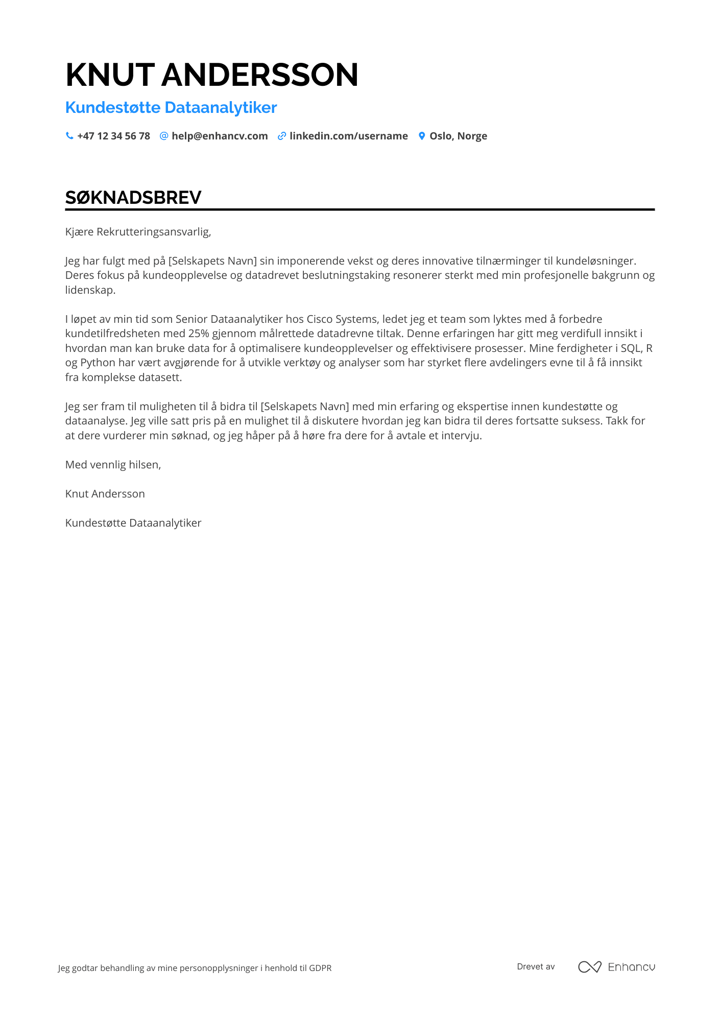 Søknadsbrev for Kundestøtte Dataanalytiker