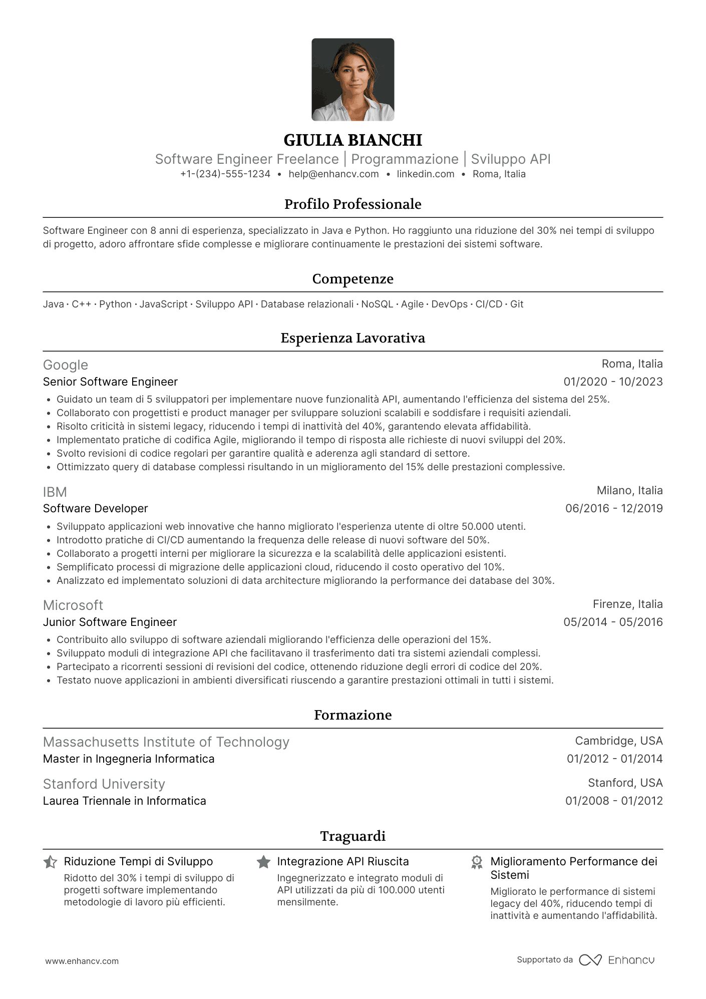 Esempio di CV software engineer freelance