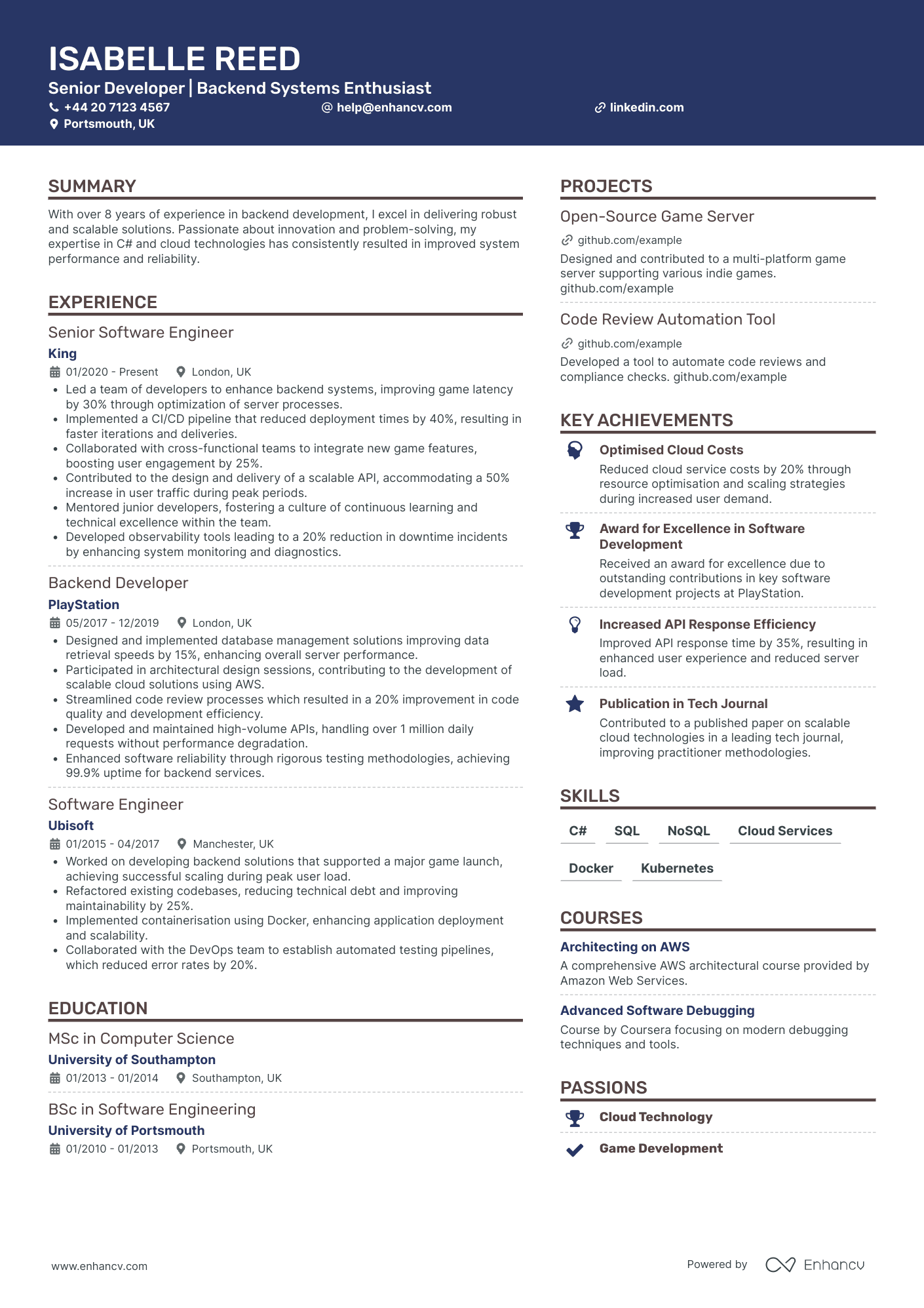 Game Developer Engineer CV Examples